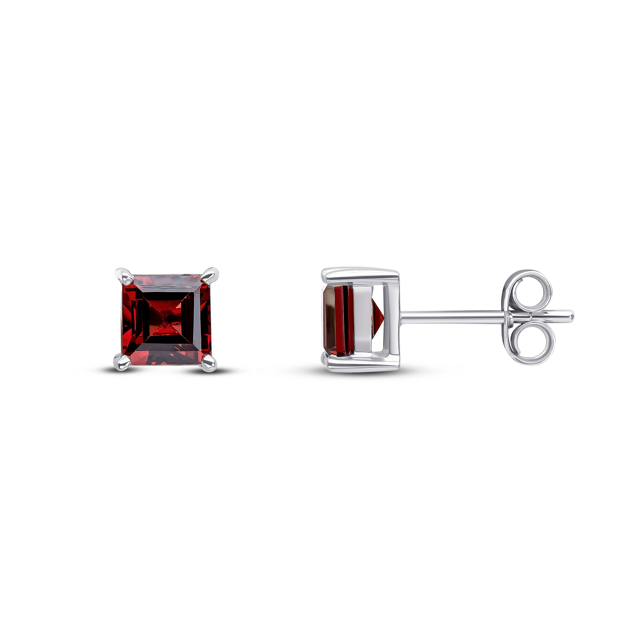 9ct White Gold 5mm Square Garnet Claw Set Earrings