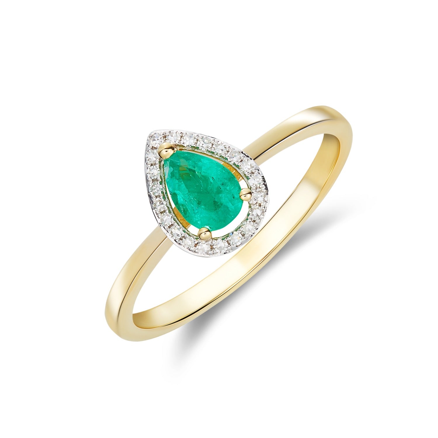 9ct Yellow Gold 6x4 Pear Shape Emerald & Diamond Halo Claw Cluster Ring Rhdoium to Diamonds