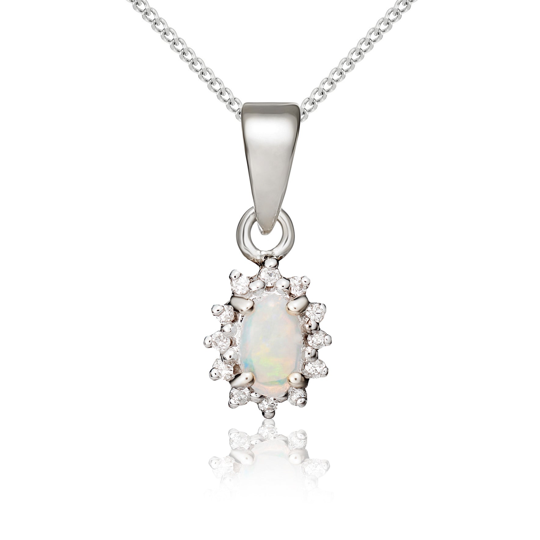 9ct White Gold Oval 5x3mm Opal & Diamond Claw Cluster Pendant