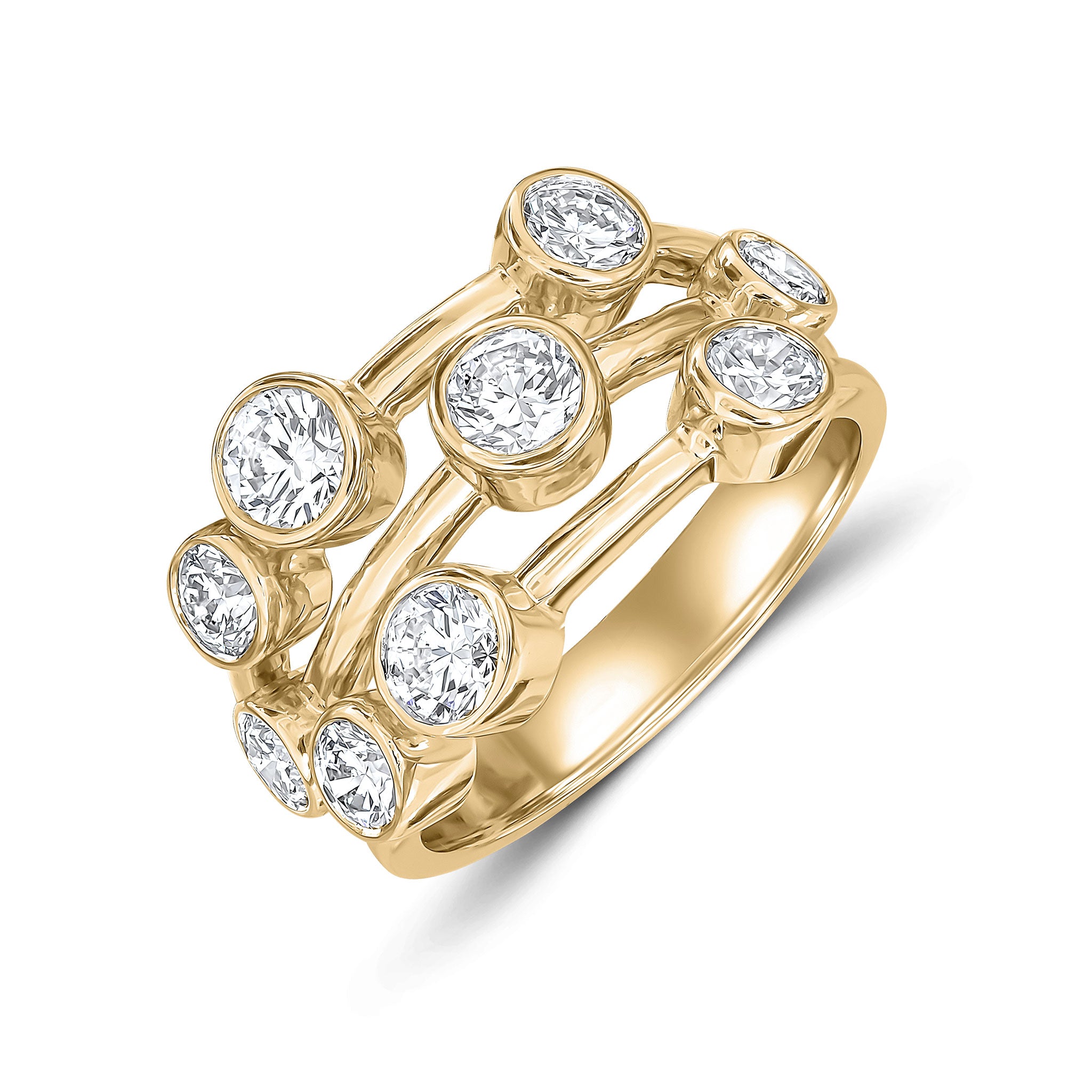 18ct Yellow Gold Diamond 3 Row Bubble Ring 1.75ct Total