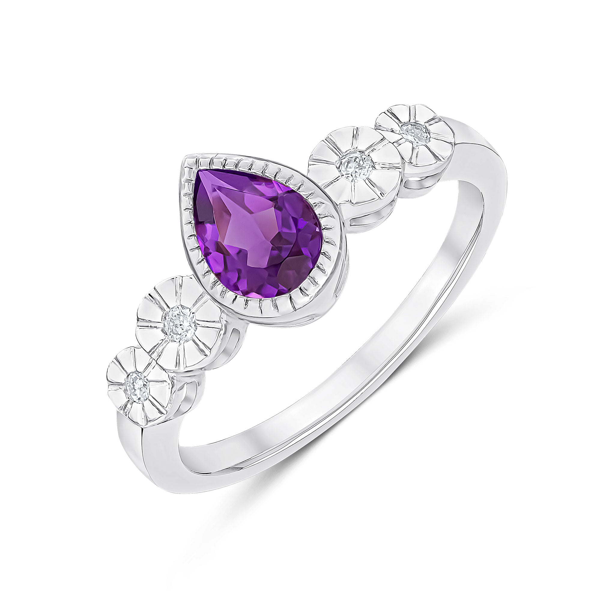 9CT WHITE GOLD MILLEGRAIN PEARSHAPE AMETHYST AND ILLUSION DIAMOND 2ST SHOULDERS RING 1