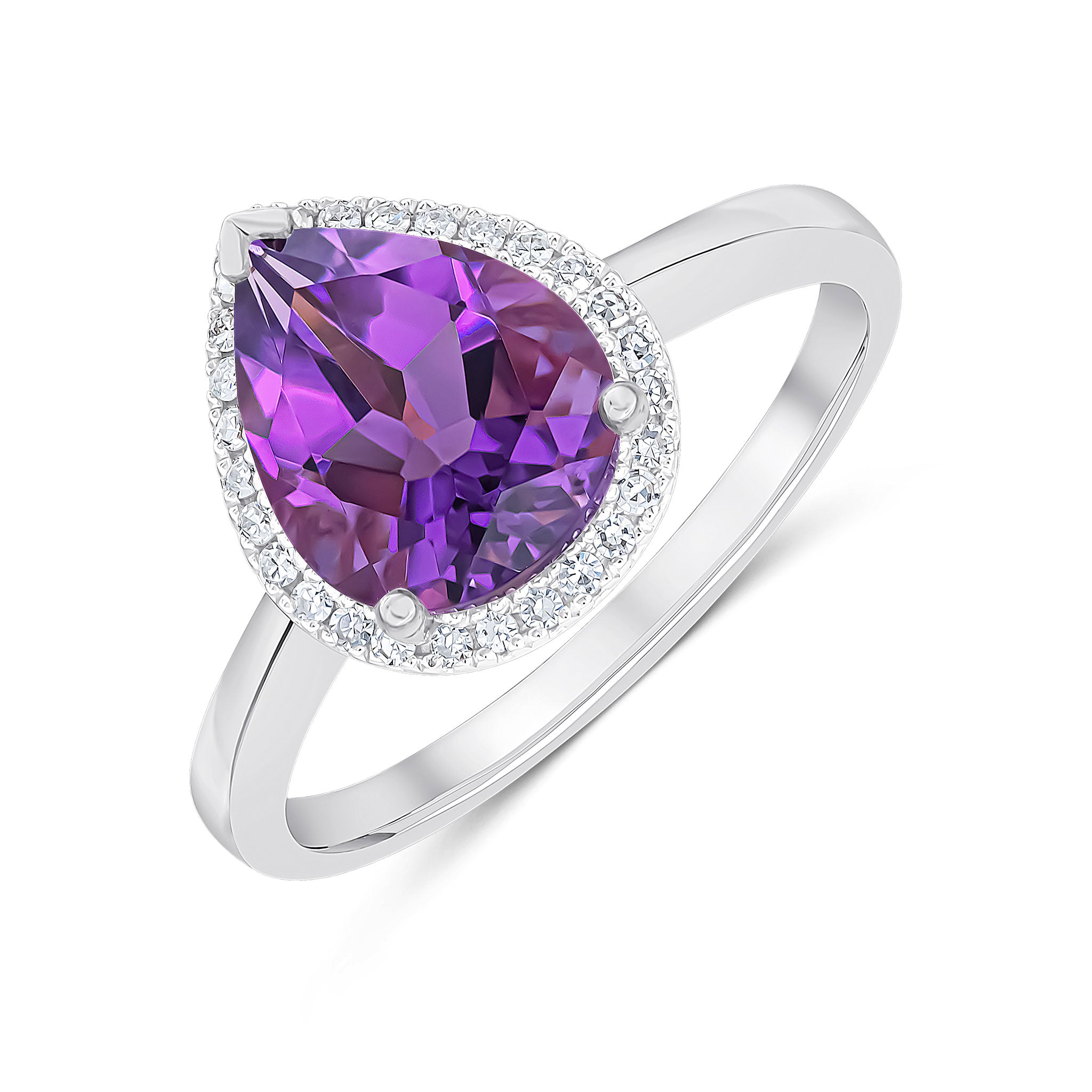 9ct White Gold 10x8 Pear Shape Amethyst & Diamond Cluster Ring