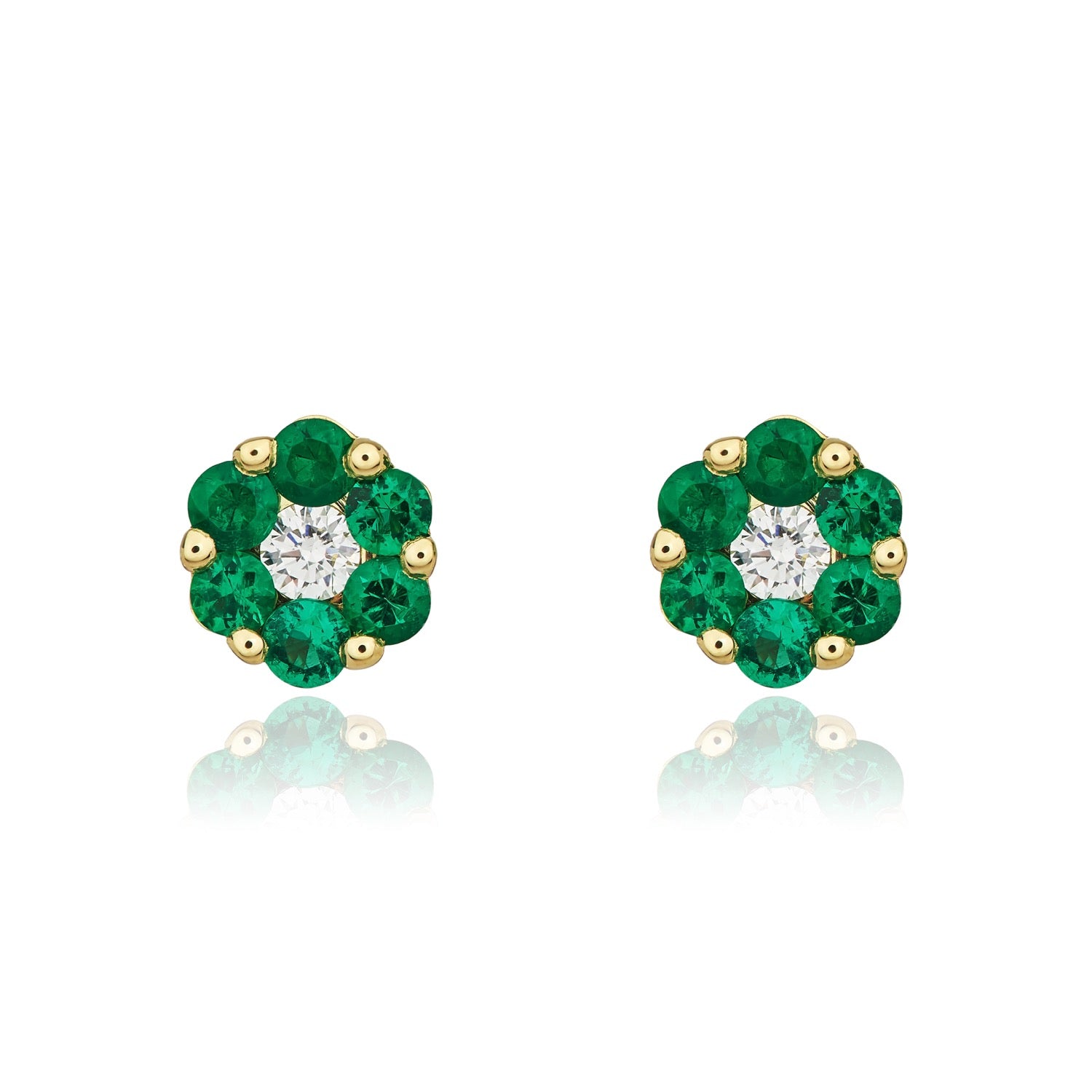 18ct Yellow Gold Emerald and Diamond Round Reverse Cluster Earrings