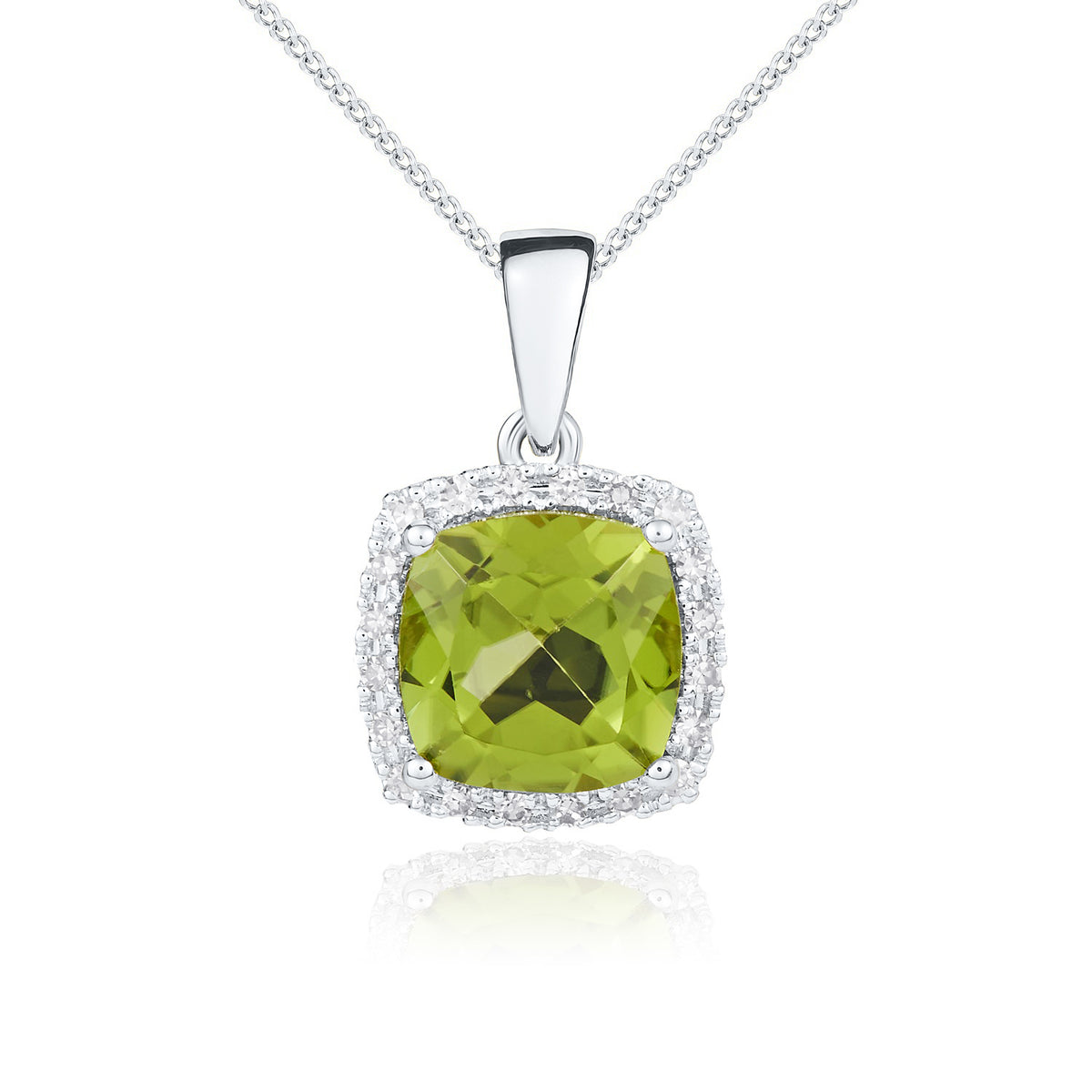 9ct White Gold 8mm Cushion Peridot and Round Diamond Claw Cluster Pendant Currently Unavailable Due to Stone Shortage