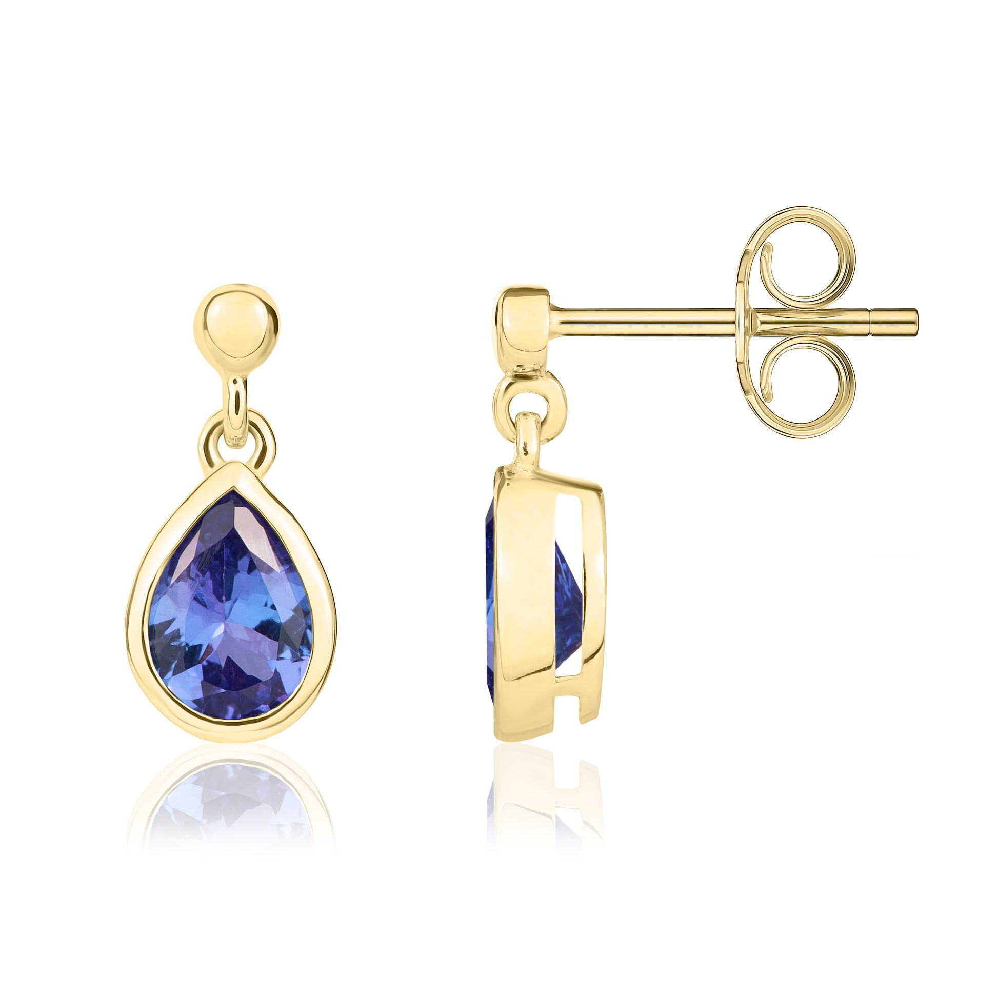9ct Yellow Gold 7x5 Pear Shape Tanzanite Rubover Drop Earrings with Bead Top