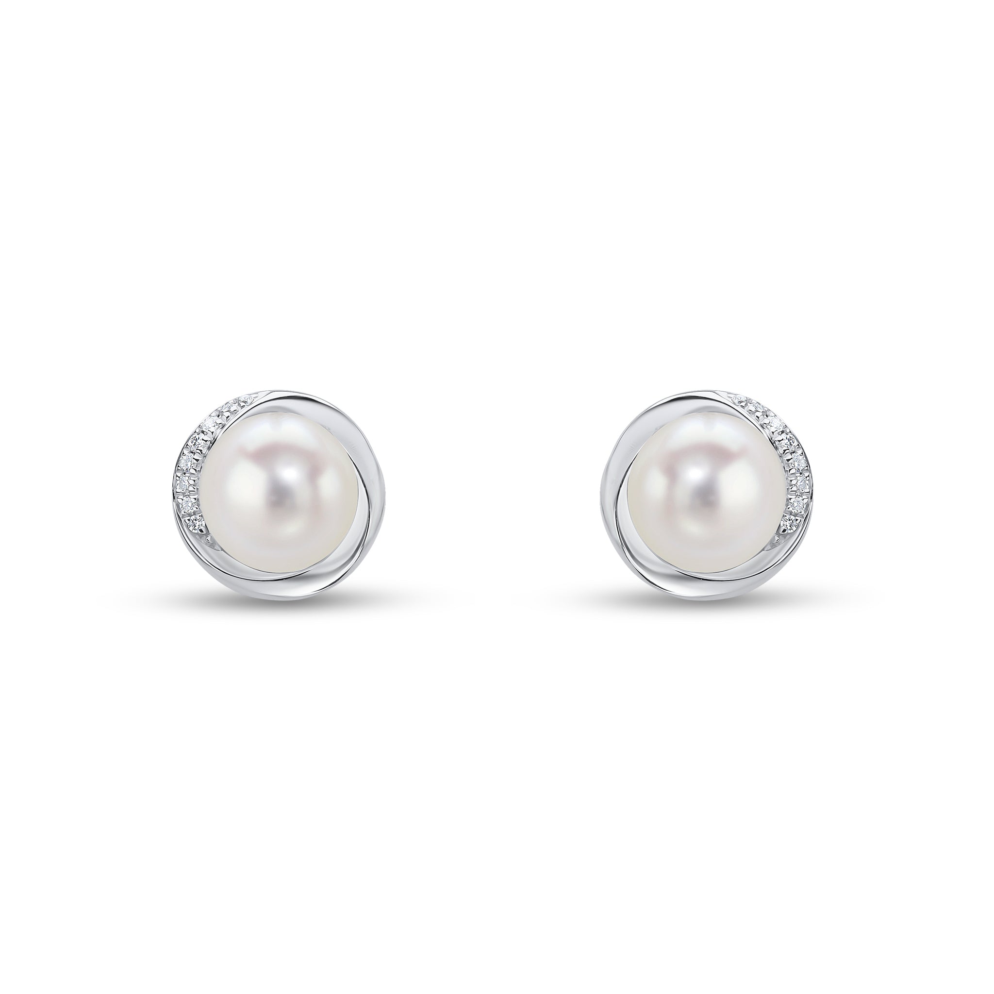 18ct White Gold Cfw Pearl and Diamond Wavy Border Earrings