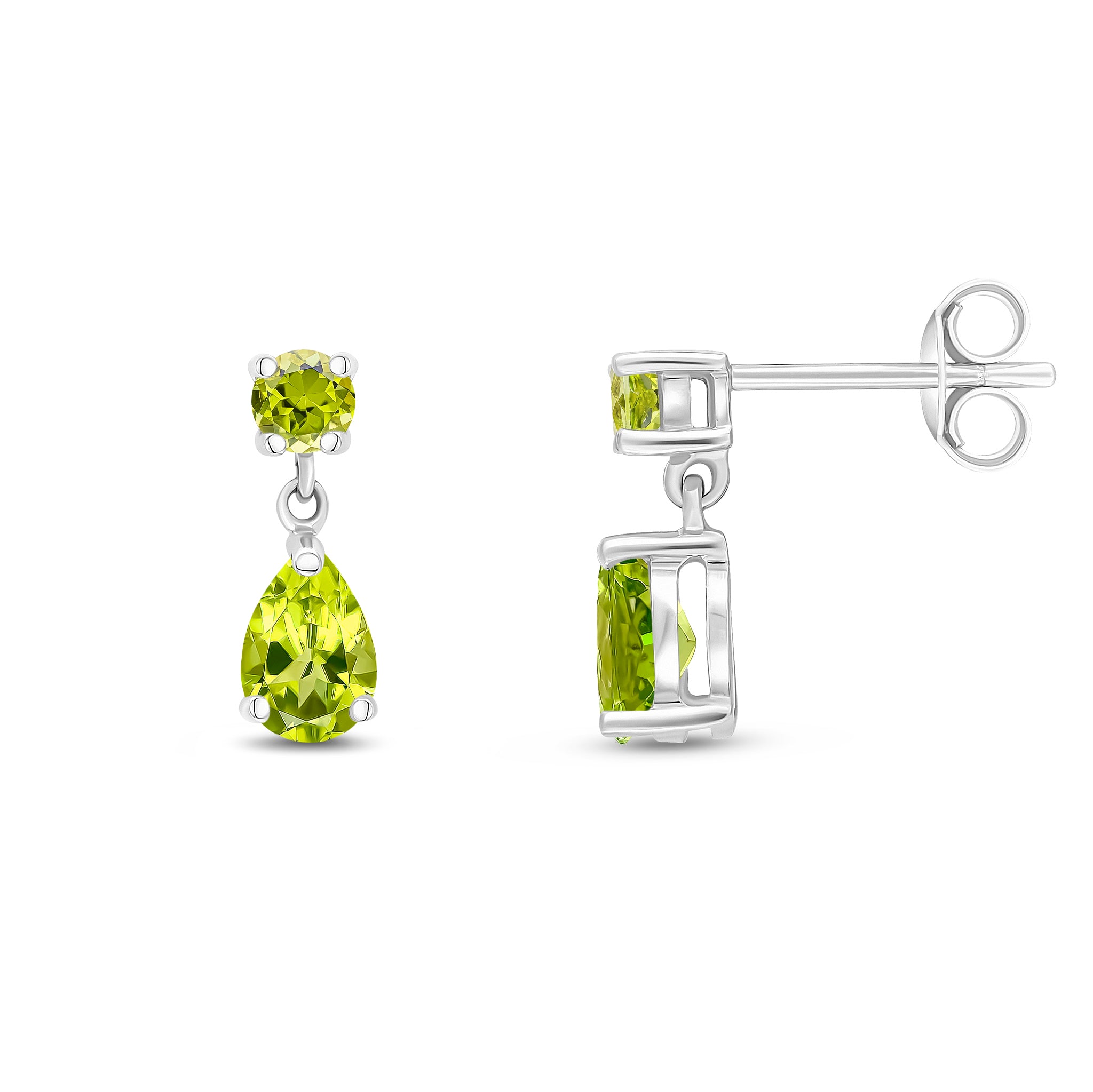 9ct White Gold Round and Pear Shape Peridot 2 Stone Claw Set Drop Earrings