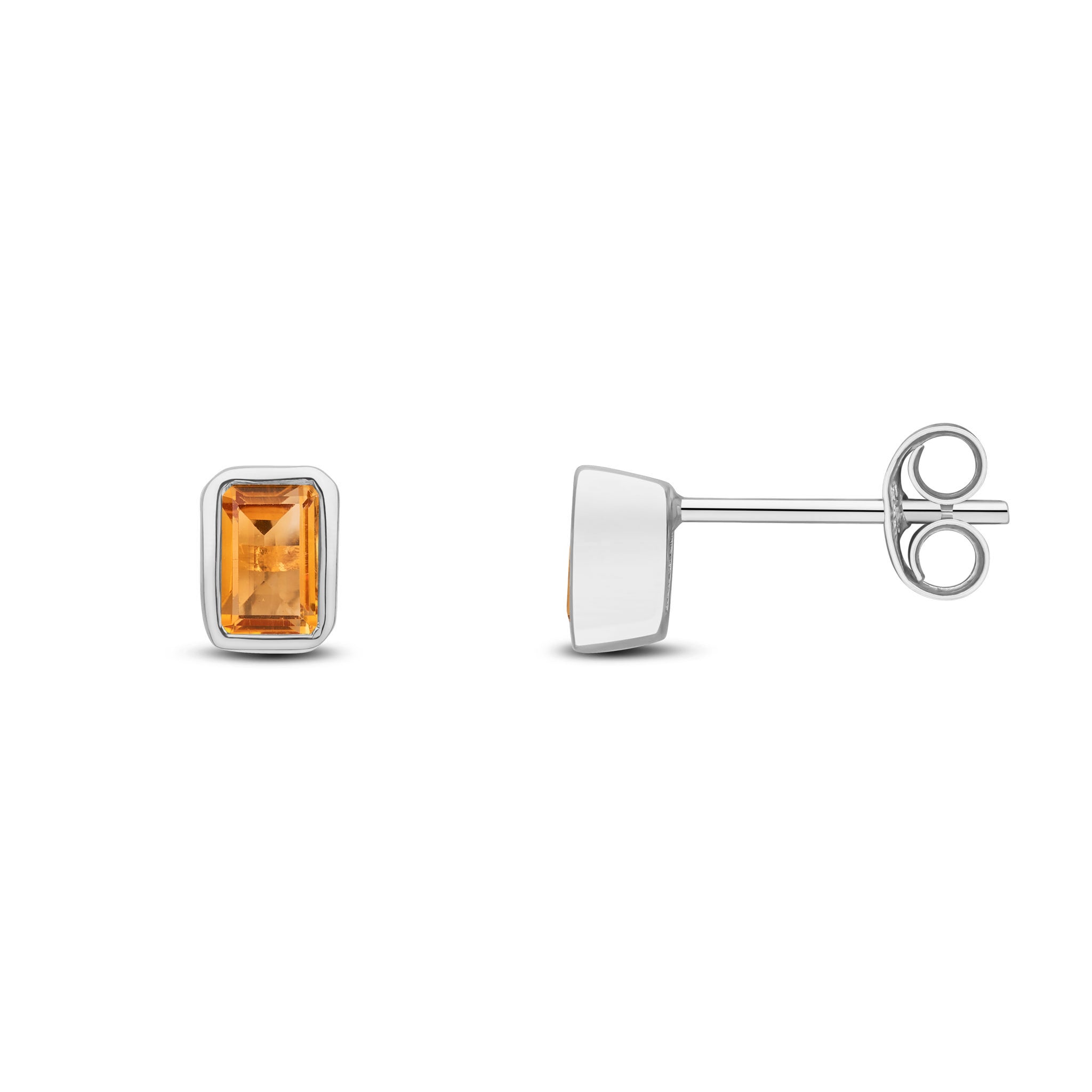 9ct White Gold 5x3 Octagon Citrine Rubover Set Earrings