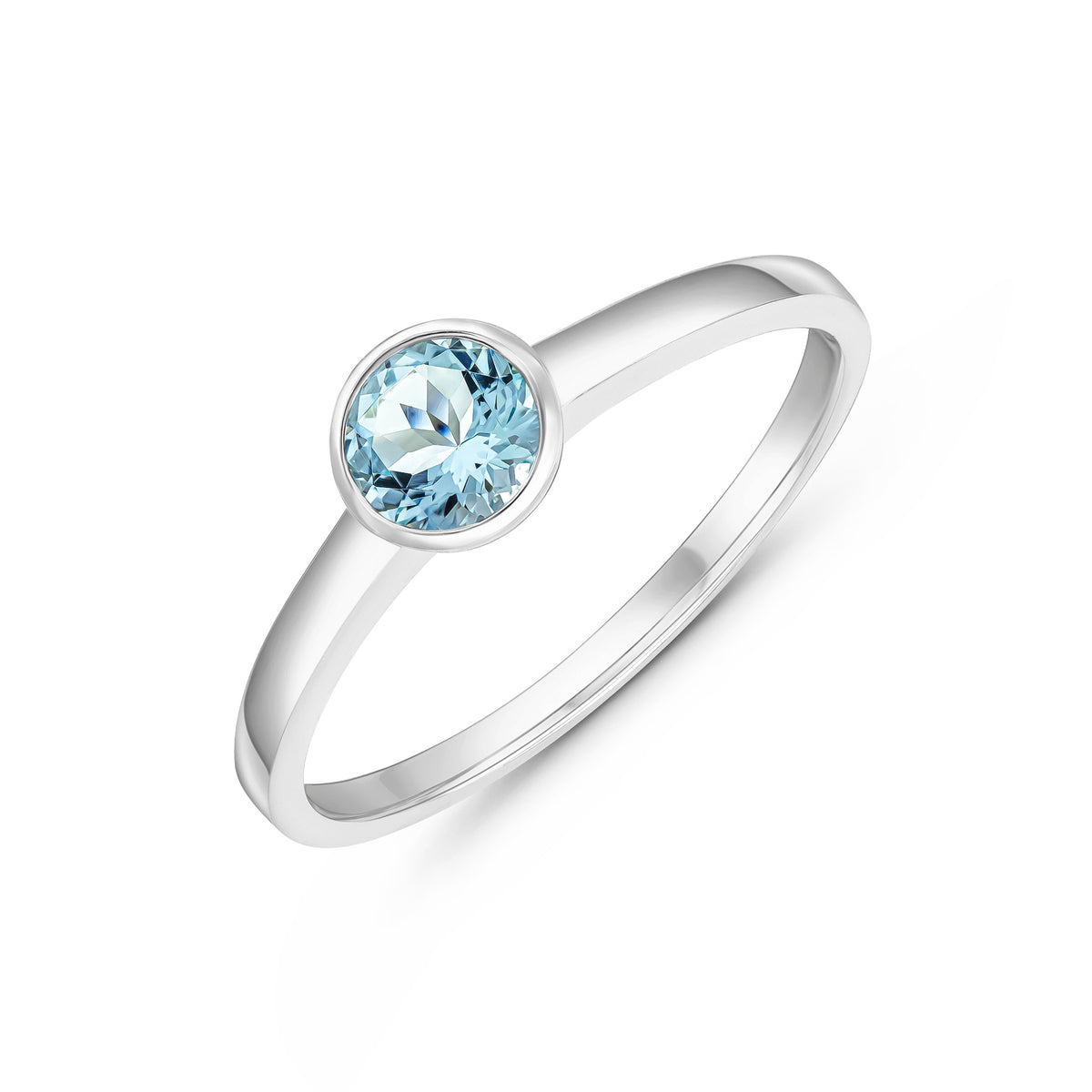 9ct White Gold 5mm Round Aquamarine Rubover Single Stone Ring