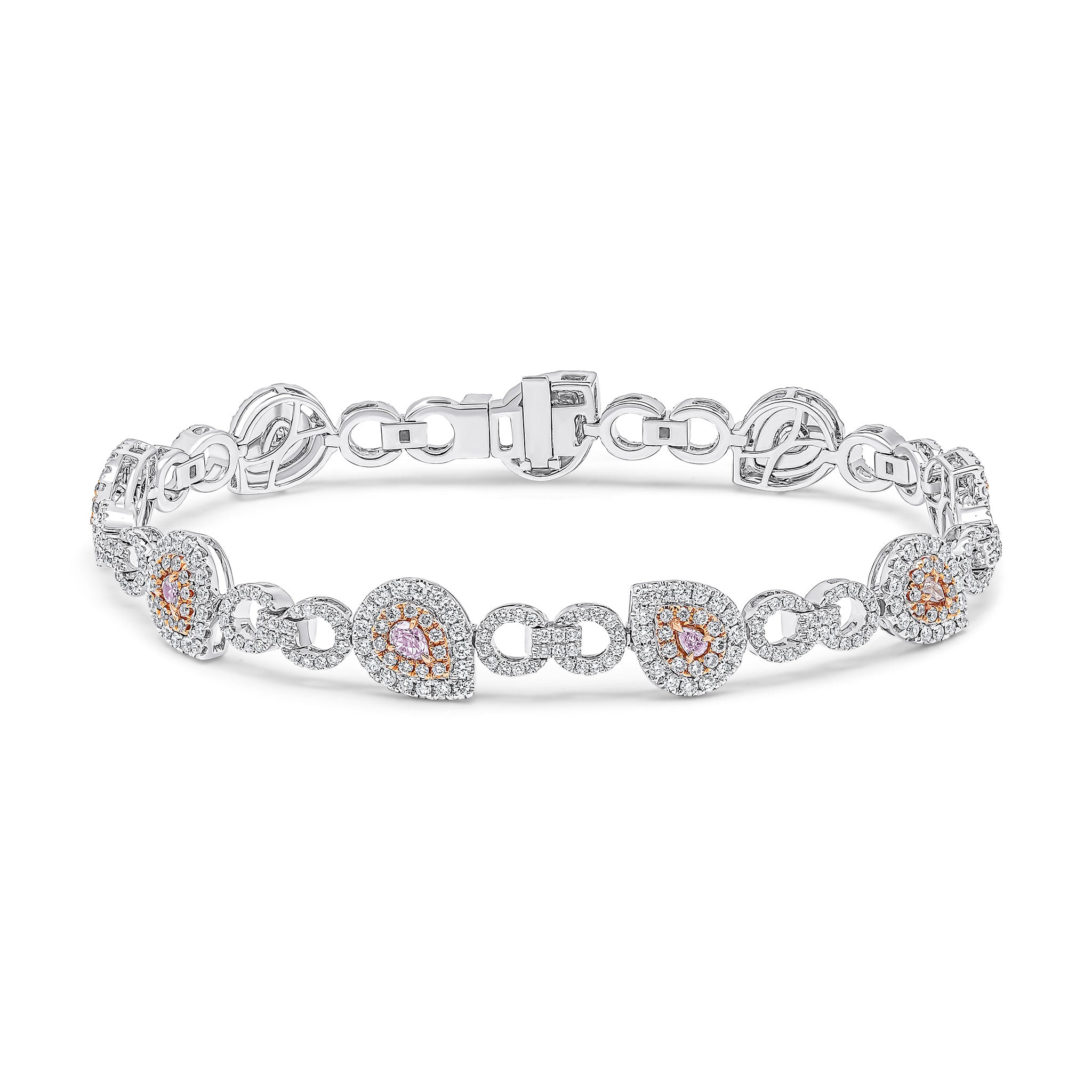 18ct White Gold Pear Shape and Round Pink Diamond and Diamond Clusters with Diamond Circles and Bars Motif Bracelet