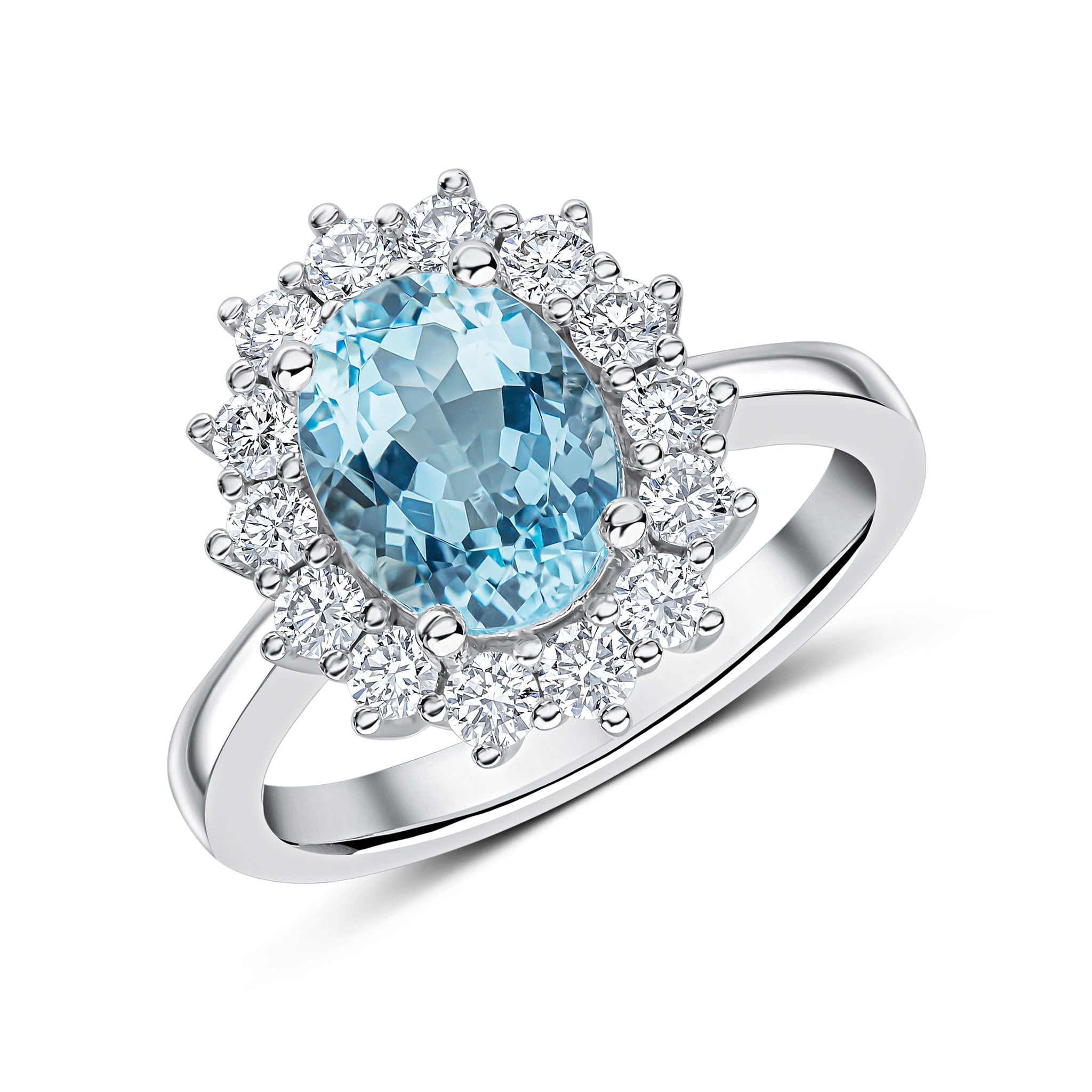 18ct White Gold 9x7 Oval Aquamarine & Round Diamond Claw Set Cluster Ring