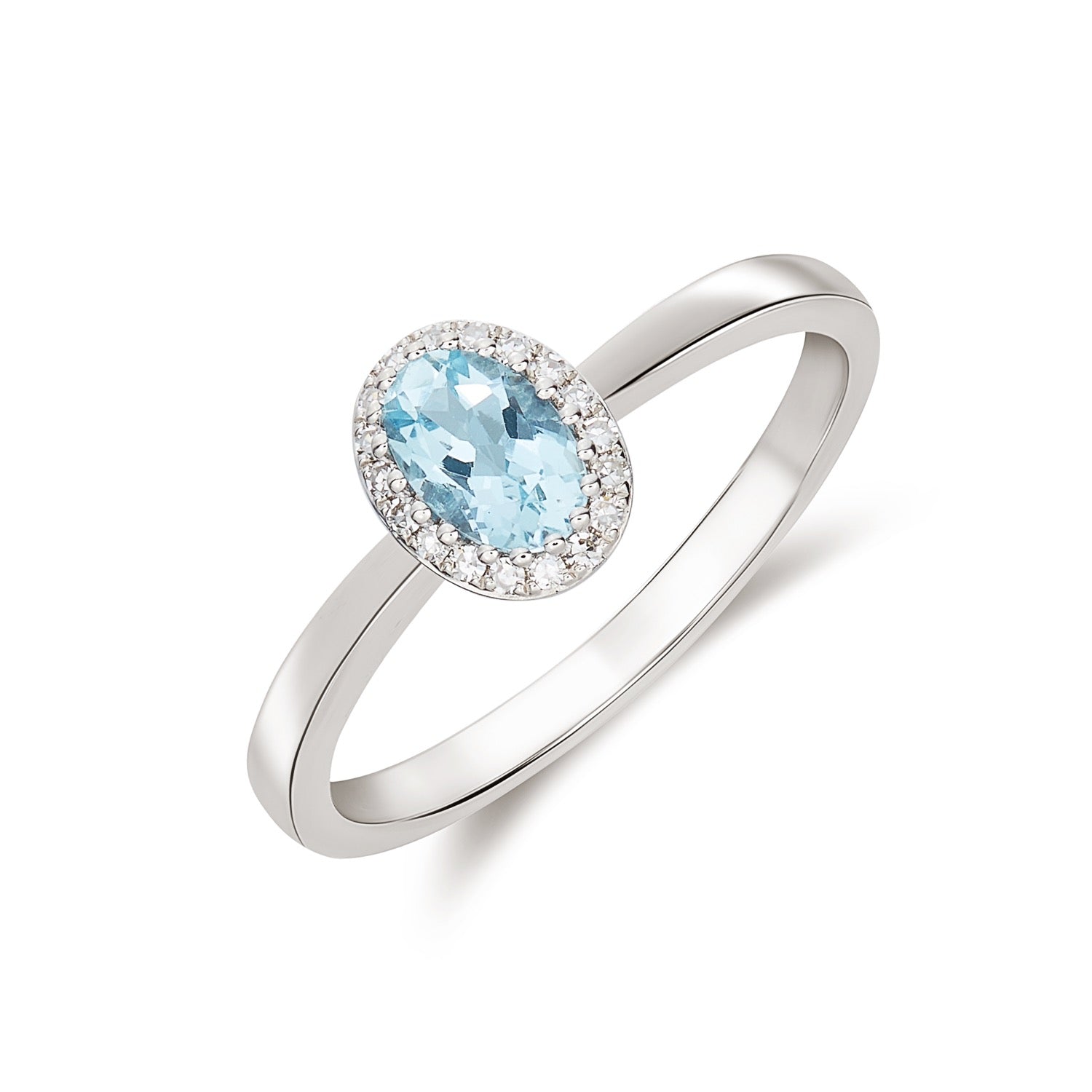 9CT WHITE GOLD OVAL AQUA AND DIAMOND CLAW CLUSTER RING 1