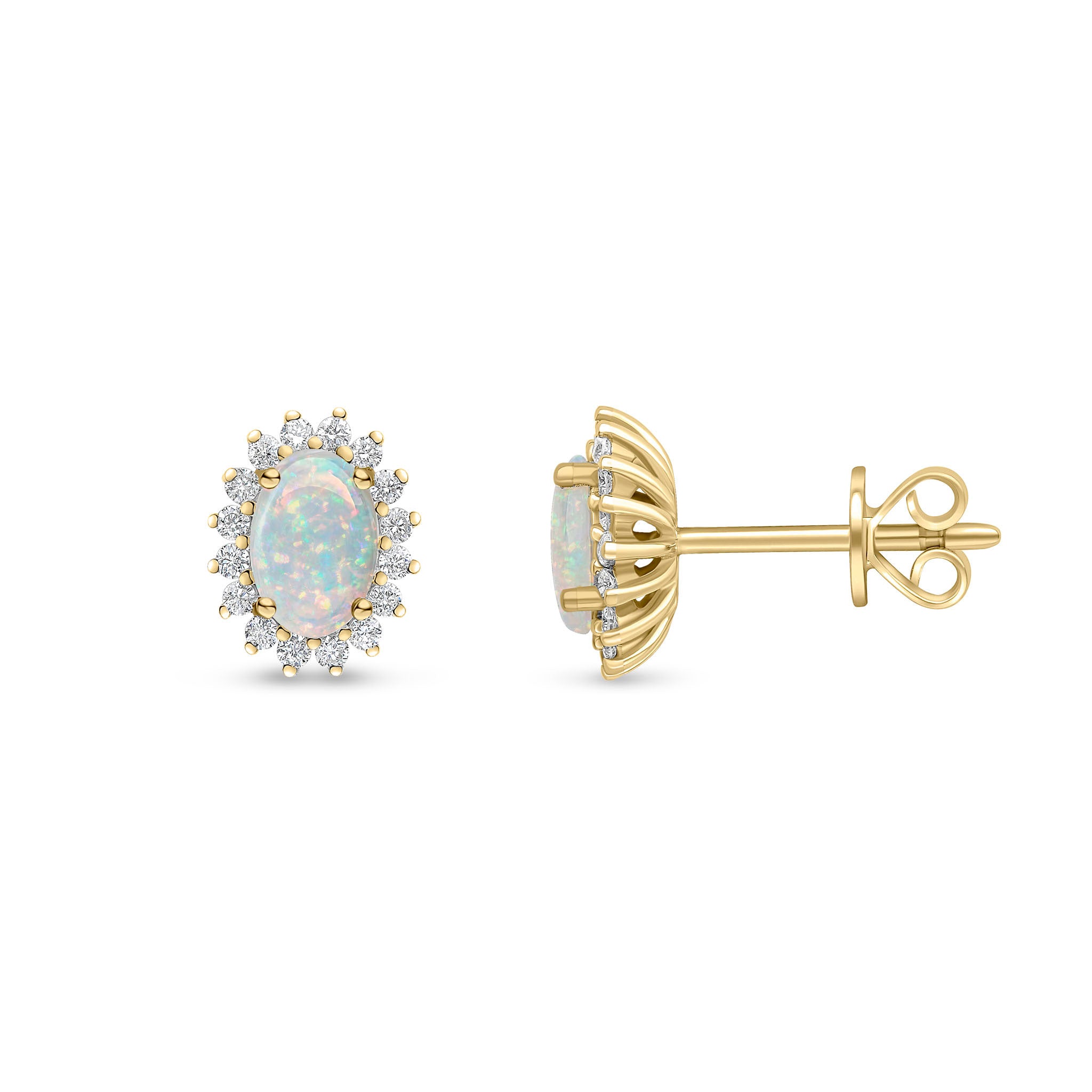 18ct Yellow Gold 6x4 Oval Opal & Diamond Claw Cluster Earrings