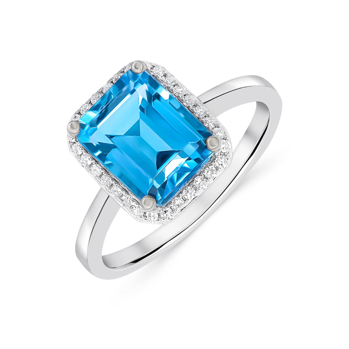 9ct White Gold 9x7 Octagon Swiss Blue Topaz & Diamond Claw Set Cluster Ring