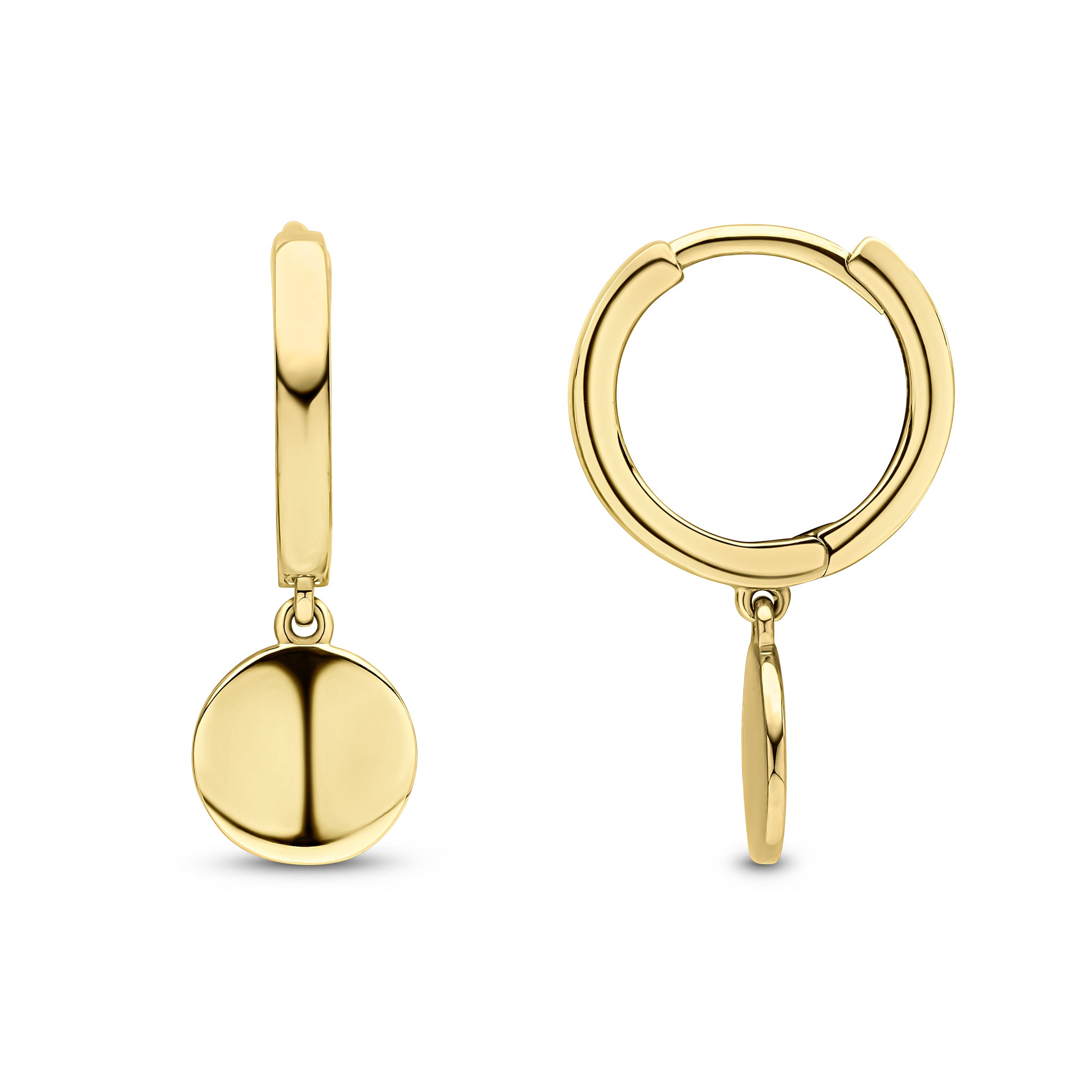 9ct Yellow Gold Squared Tube Hinged Hoop Earrings with 7.5mm Polished Disc Drop