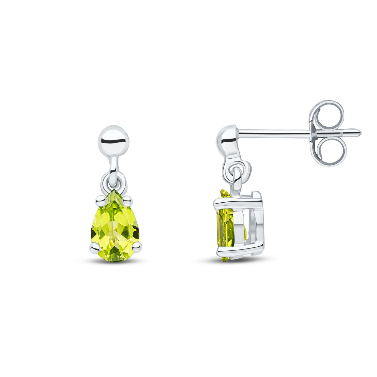 9ct White Gold 6x4 Pear Shape Peridot Claw Set Drop Earrings with Bead Stud Top