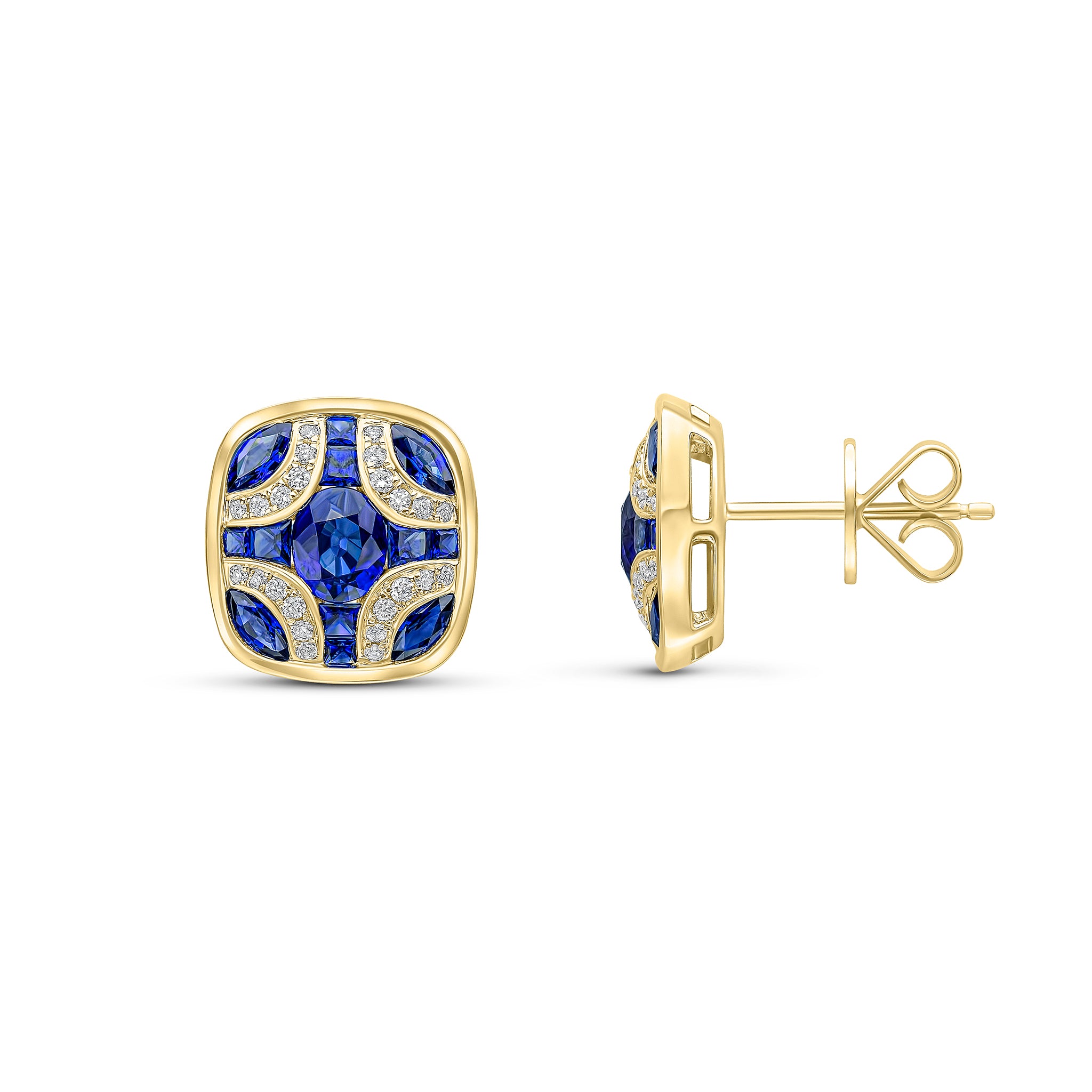 18ct Yellow Gold Sapphire and Diamond Shield Stud Earrings