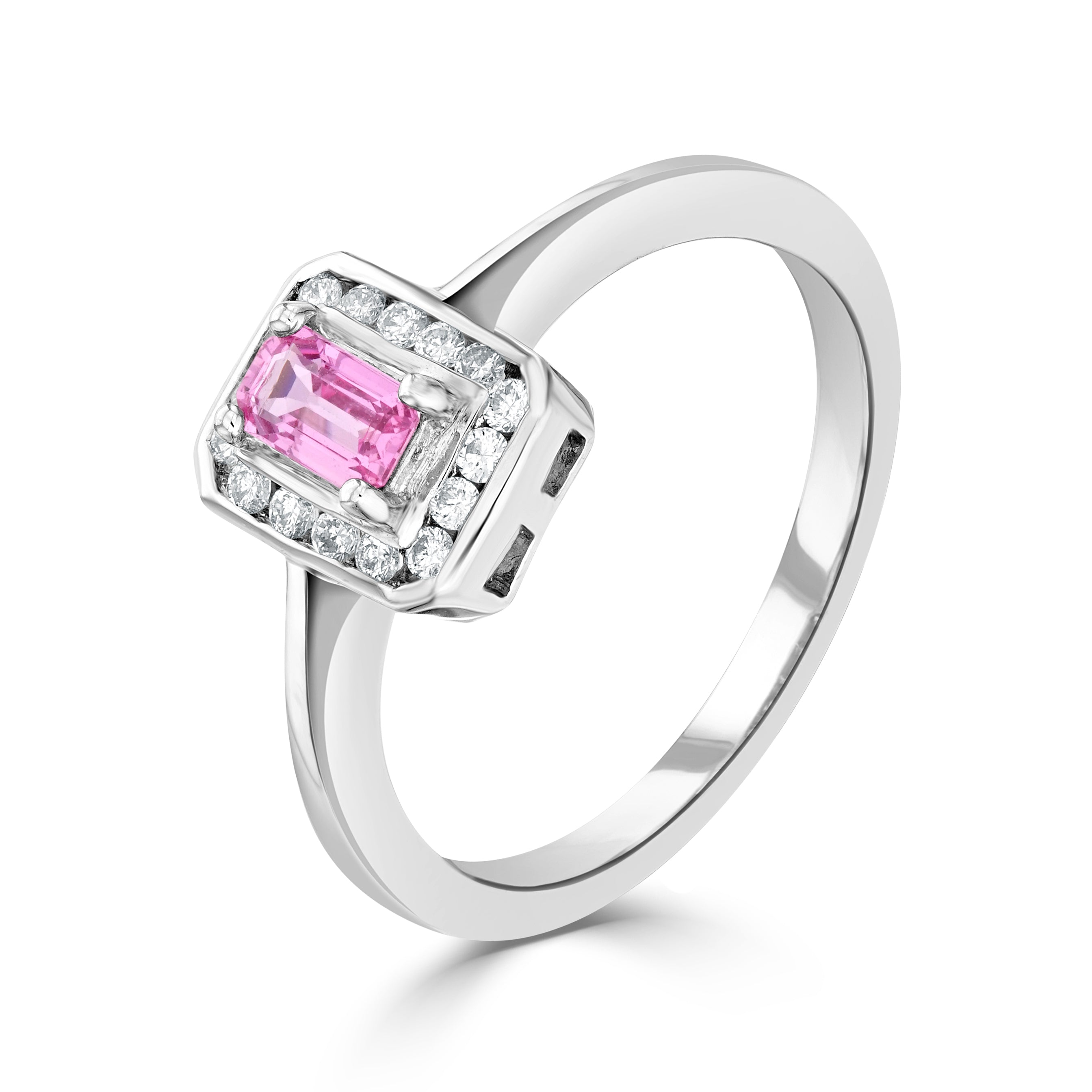 9CT WG CLAW SET 5X3 OCTAGON PINK SAPPHIRE AND CHANNEL SET ROUND DIAMOND CLUSTER RING 1