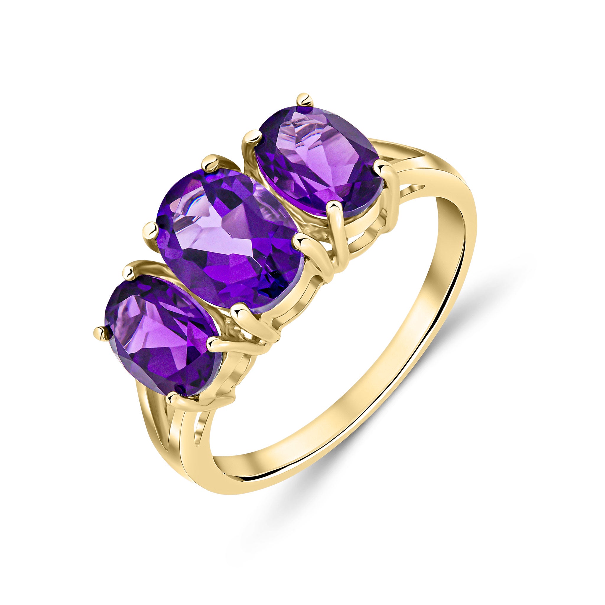 9ct Yellow Gold Oval Amethyst Claw Set 3 Stone Ring with Split Shoulders
