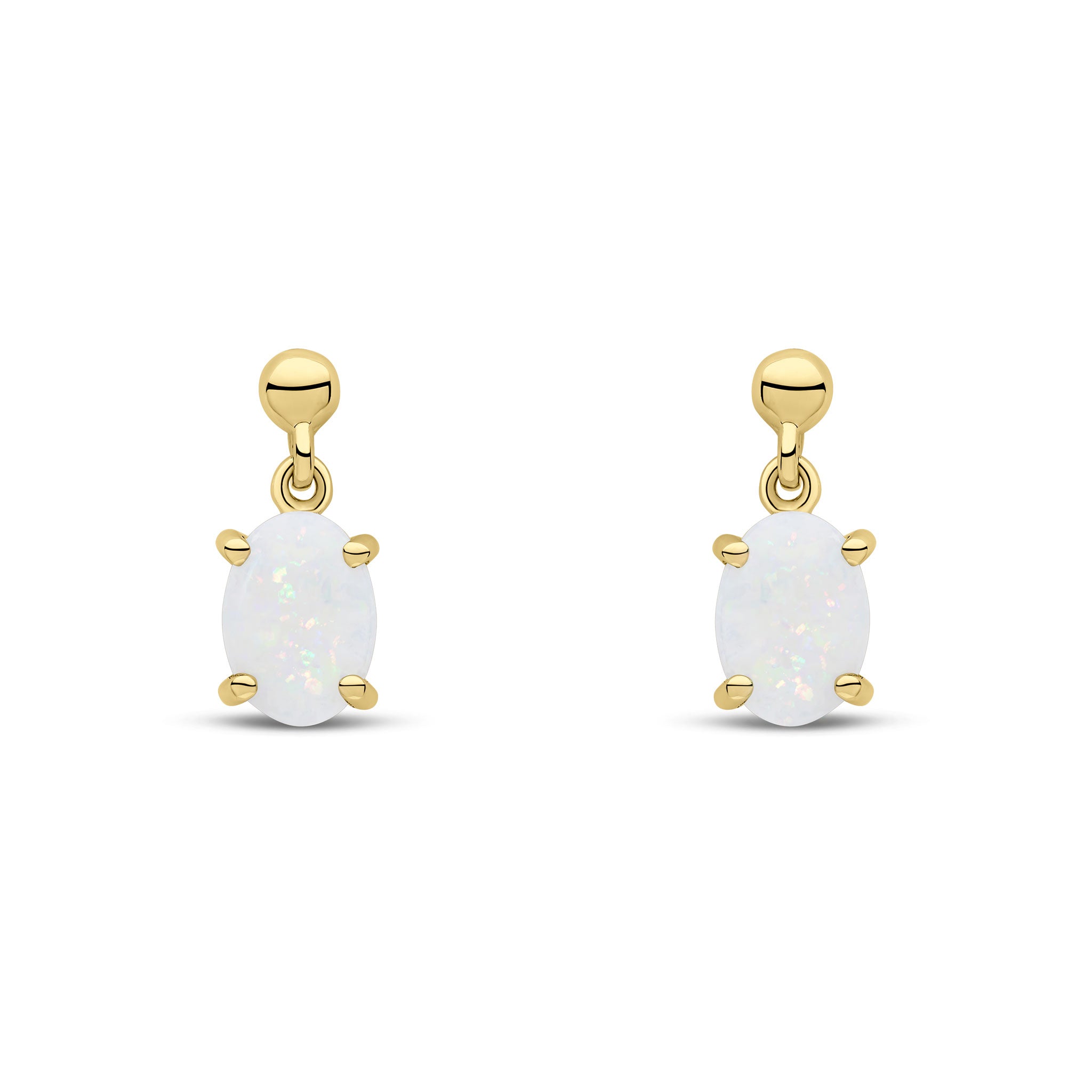 9ct Yellow Gold 7x5 Oval Opal Claw Set Drop Earrings with Bead Top