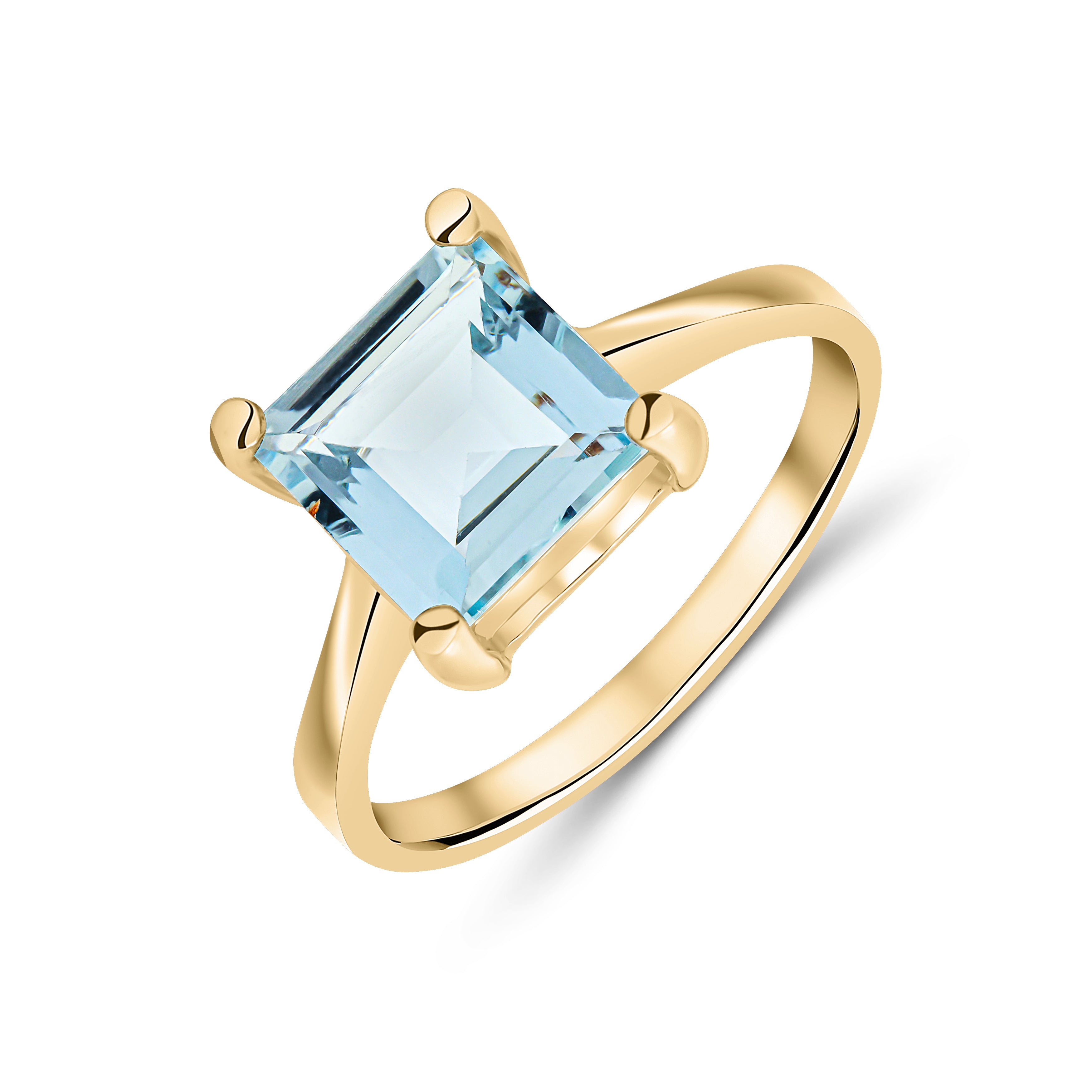 9ct Yellow Gold 8mm Square Aquamarine Claw Single Stone Ring