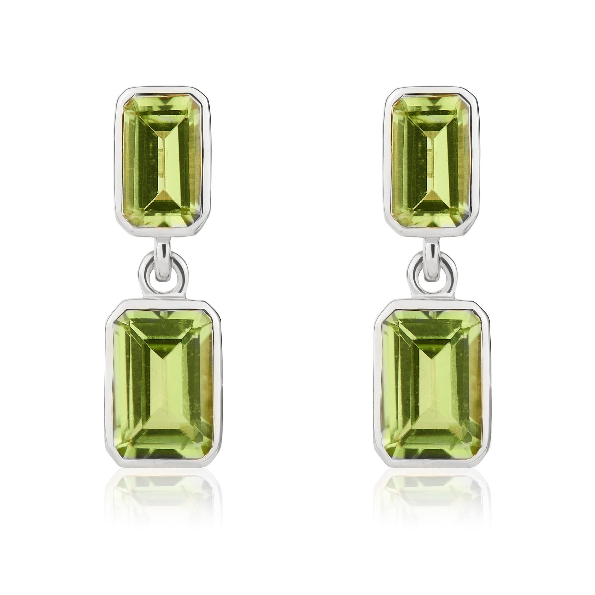 9ct White Gold Octagonal Peridot Double Drop Earrings