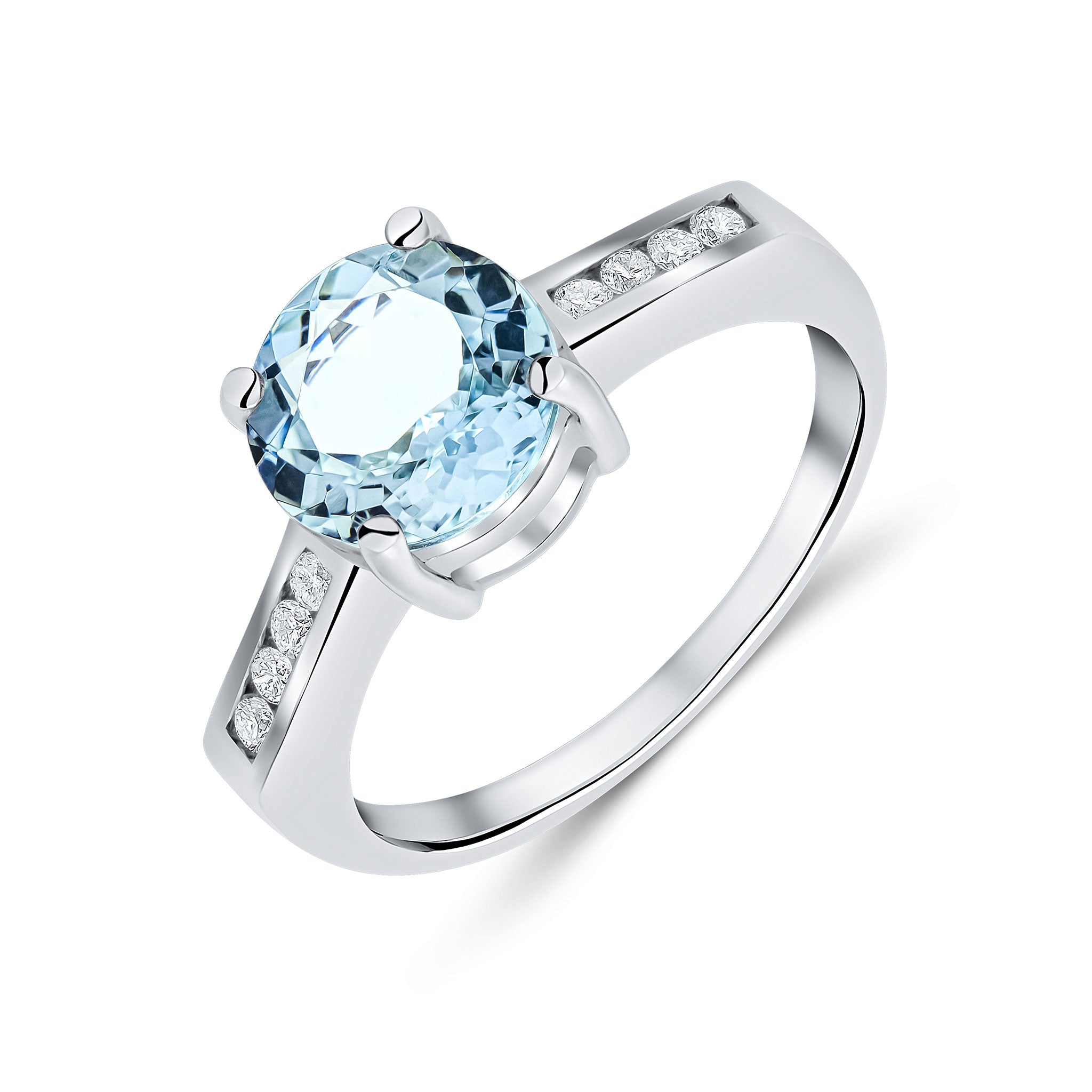 9ct White Gold Claw Set 8mm Round Aquamarine Single Stone Ring with Channel Set Diamond Shoulders
