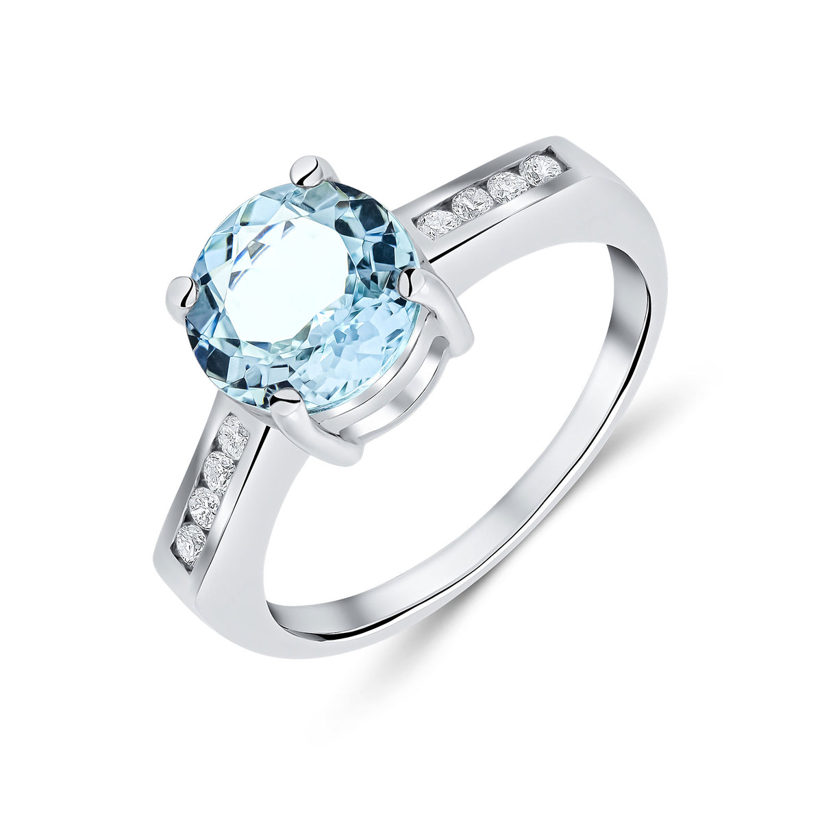 9ct White Gold Claw Set 8mm Round Aquamarine Single Stone Ring with Channel Set Diamond Shoulders