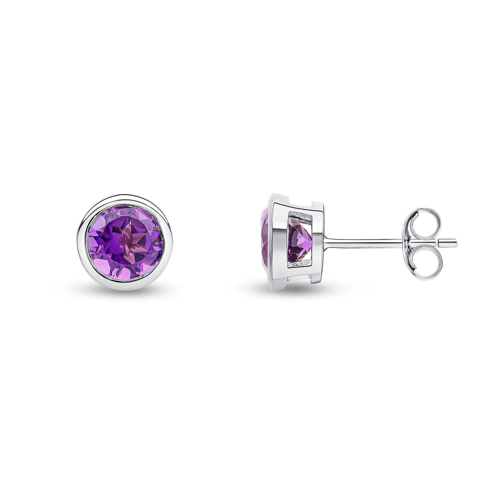 9ct white gold 6mm Round Amethyst rubover Earrings