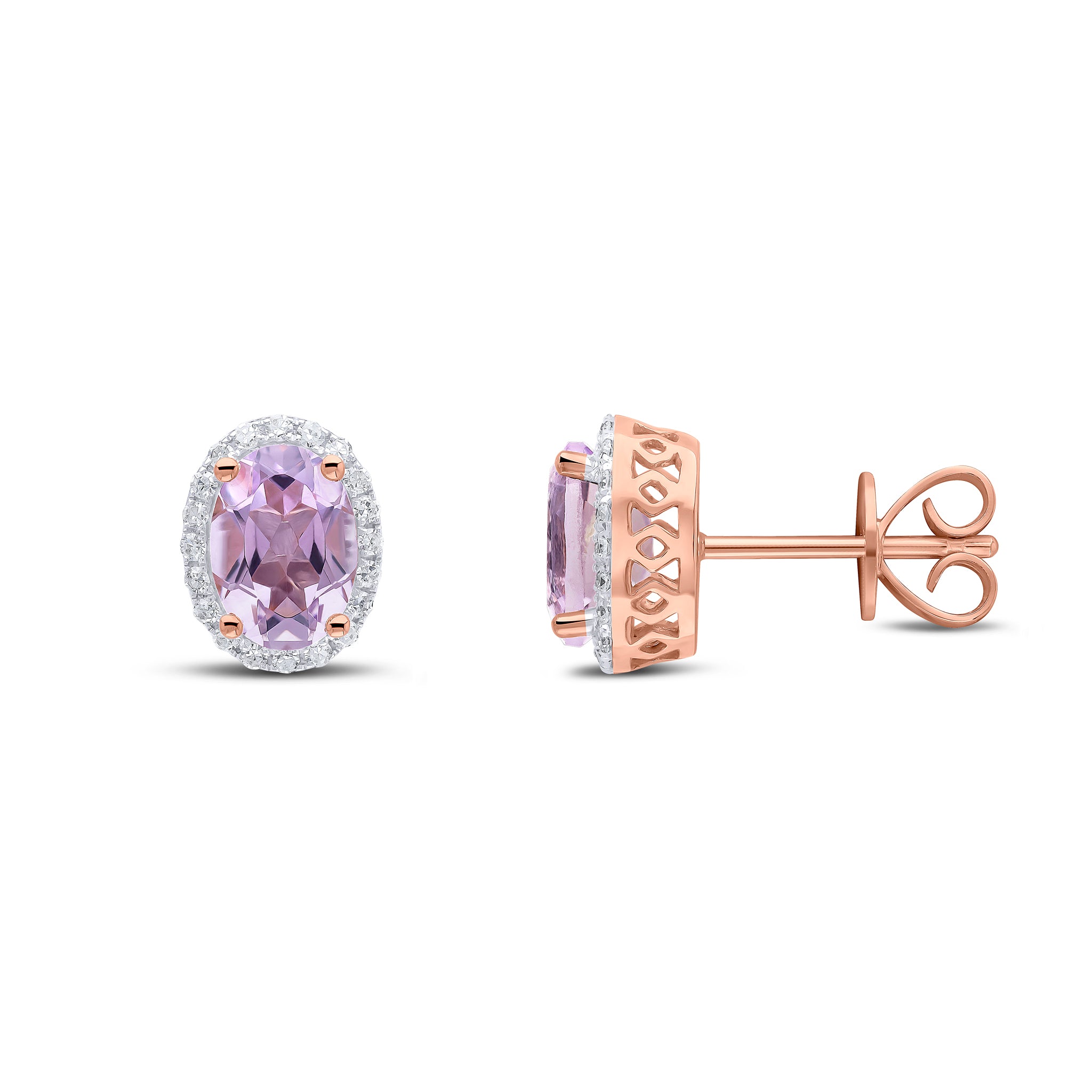 9ct Rose Gold 7x5 Oval Pink Amethyst & Diamond Claw Set Cluster Earrings Rhodium to Diamonds