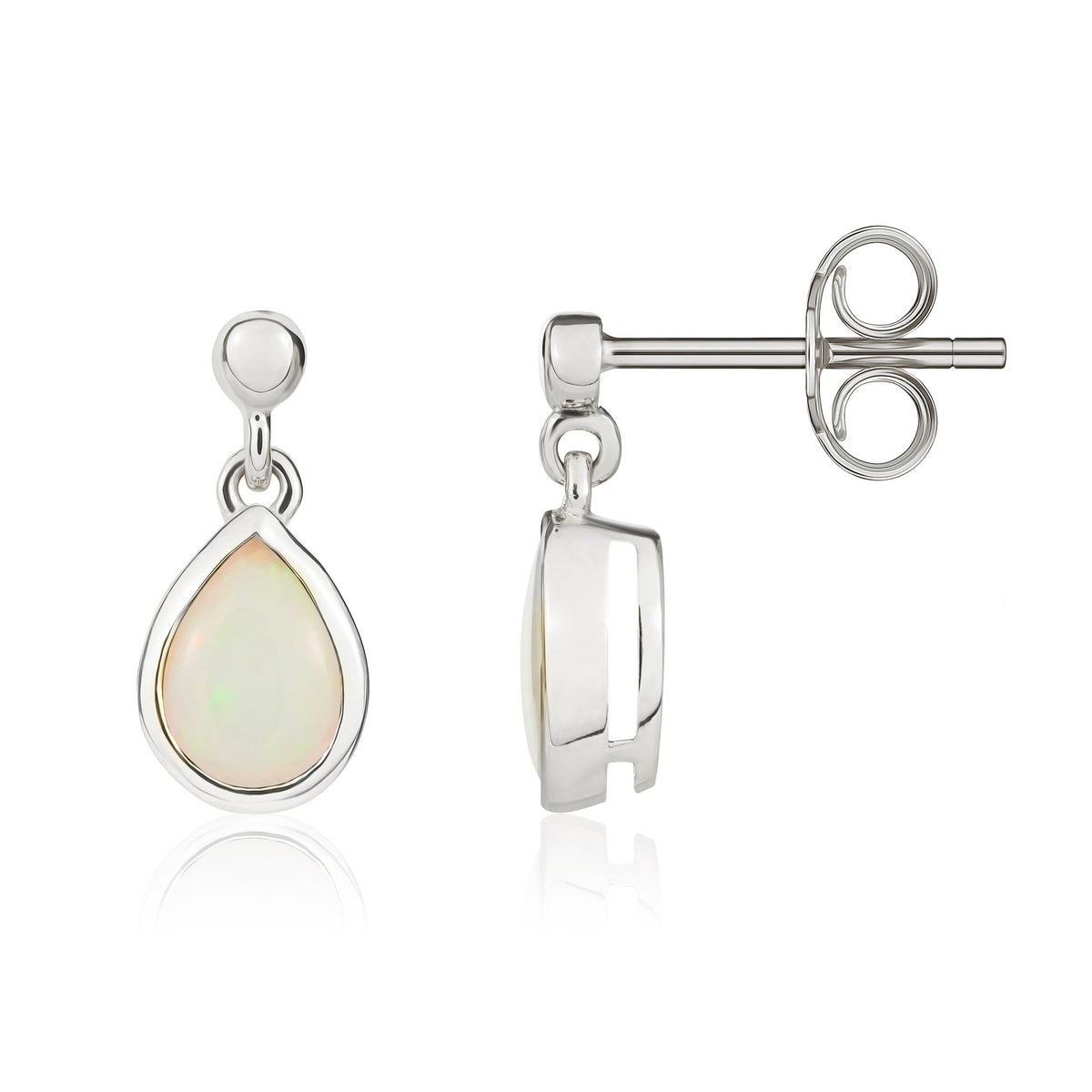 9ct White Gold 7x5 Pear Shape Opal Rubover Drop Earrings with Bead Top