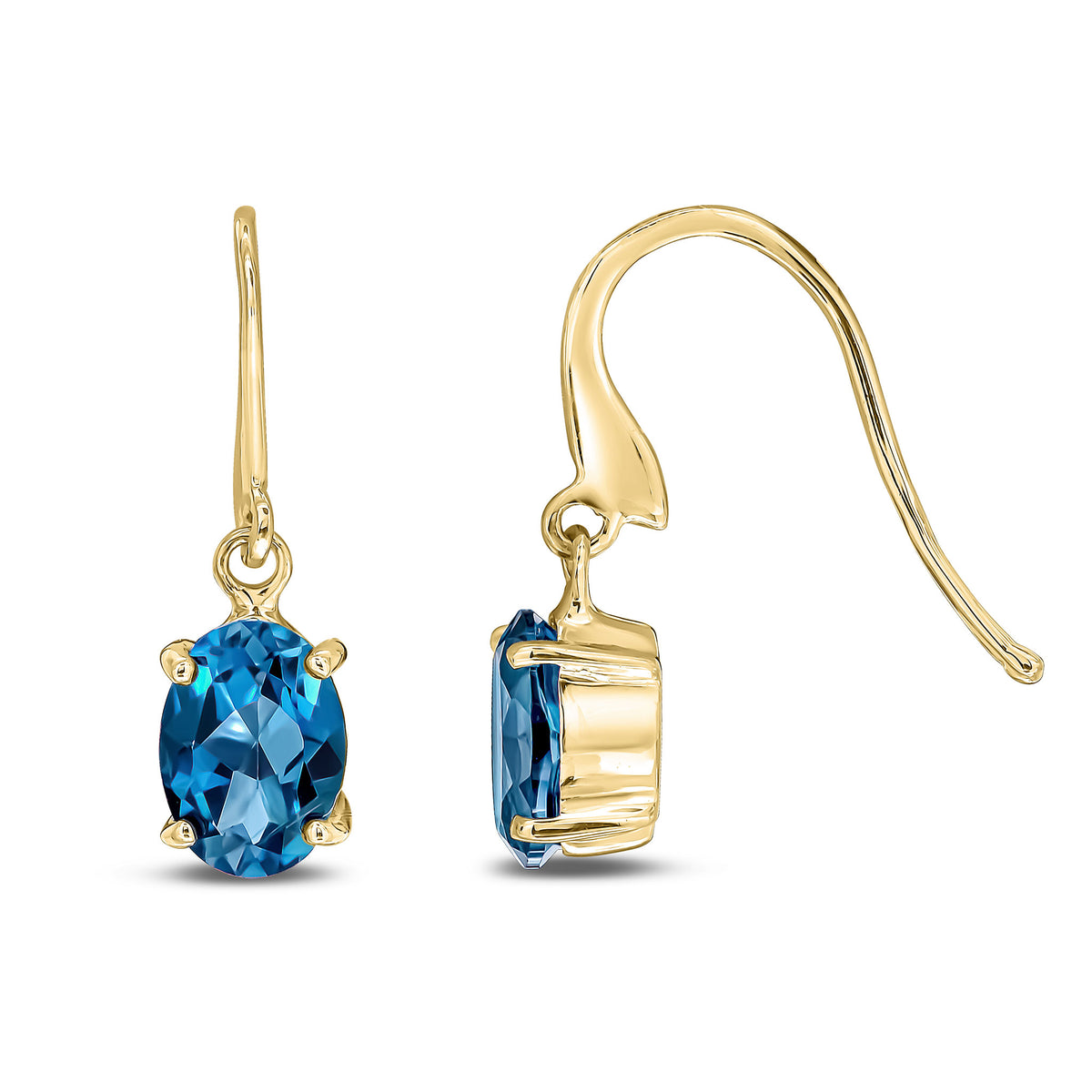 9ct Yellow Gold 7x5 Oval London Blue Topaz Claw Set Drop Earrings with Hook Wire Fitting