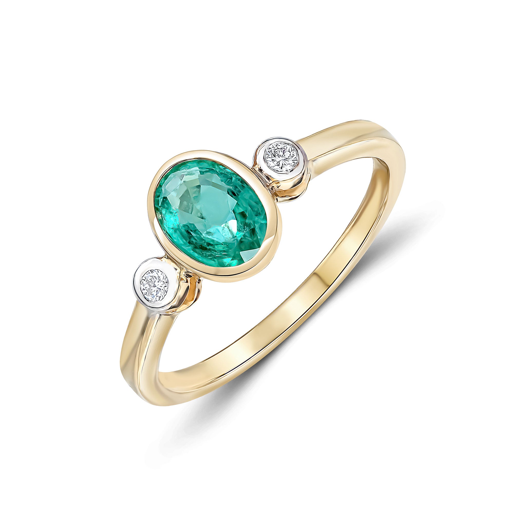 9CT YG 7X5 OVAL EMERALD AND ROUND DIAMOND 3ST RUBOVER RING. RHODIUM TO DIAMONDS 1