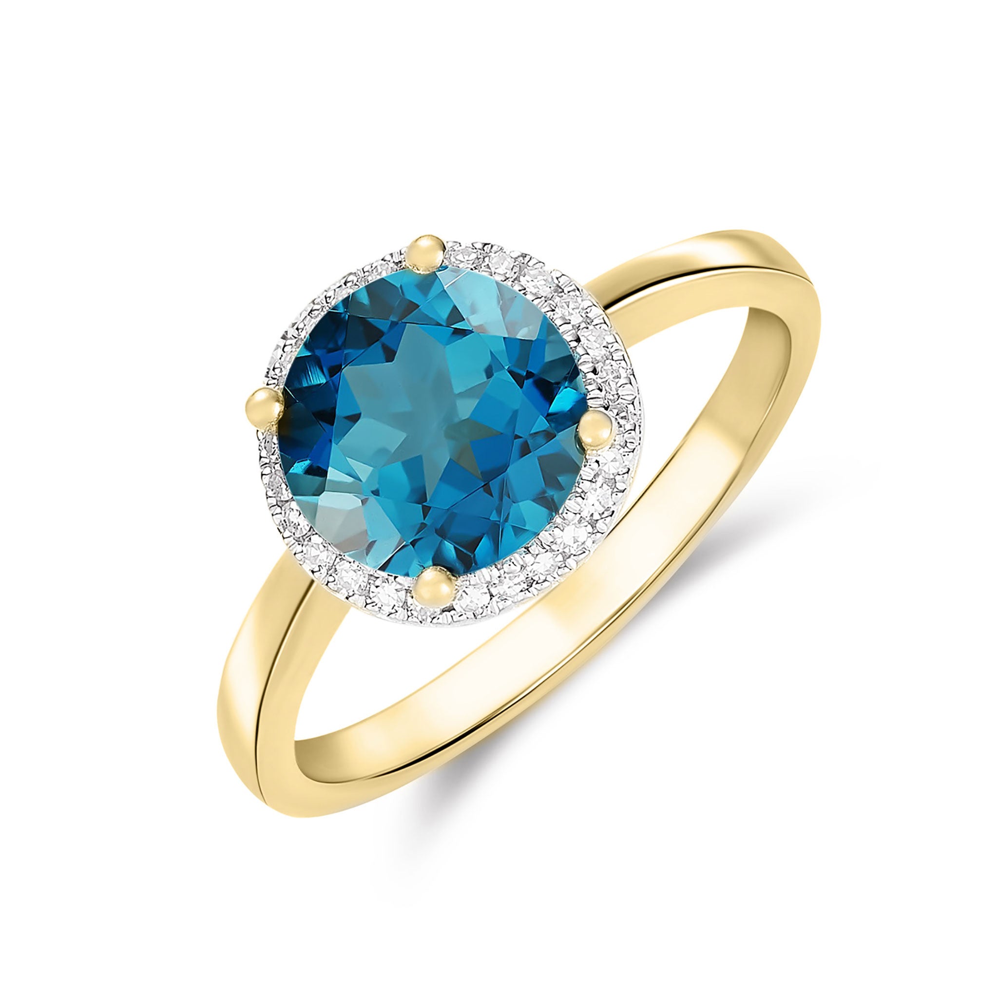 9CT YG 8MM ROUND LONDON BLUE TOPAZ AND DIAMOND CLAW CLUSTER RING 1