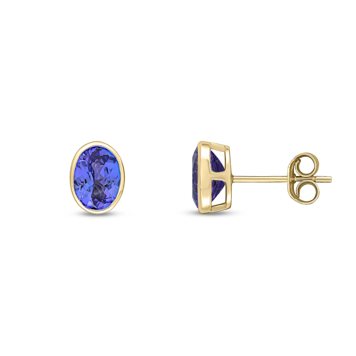 9ct Yellow Gold 7x5 Oval Tanzanite Rubover Earstuds
