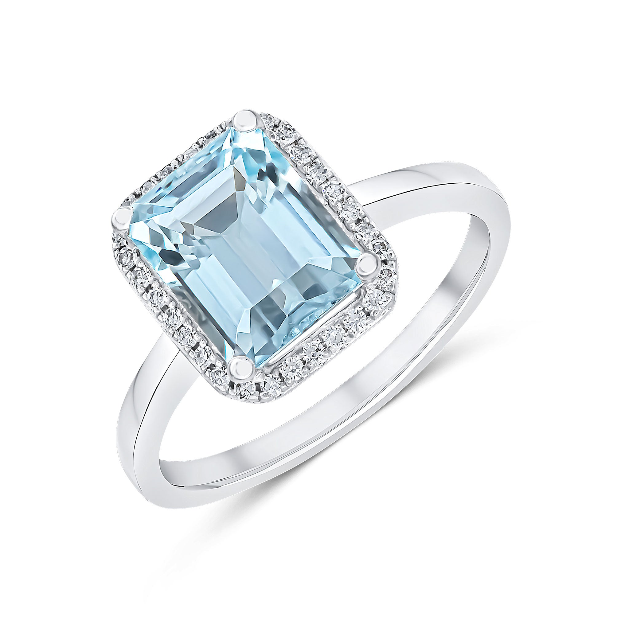 9CT WG 9X7 OCTAGON AQUAMARINE & DIAMOND CLAW SET CLUSTER RING 1