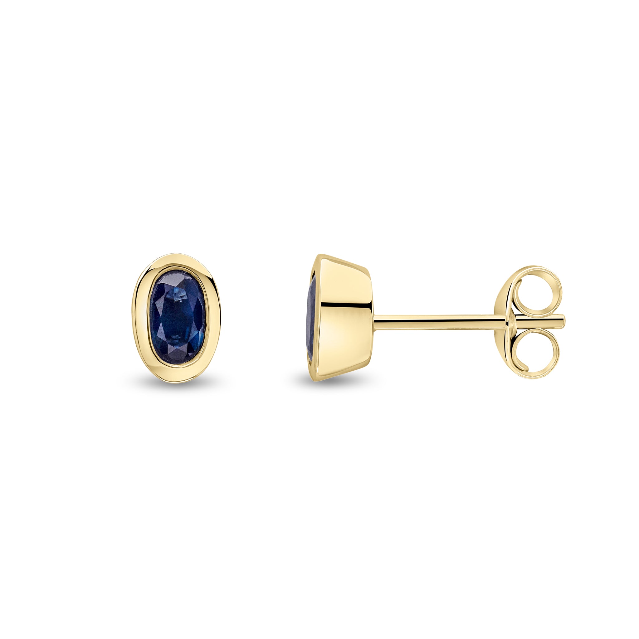 9ct yellow gold 5 x 3mm Oval Sapphire Rubover Stud Earrings