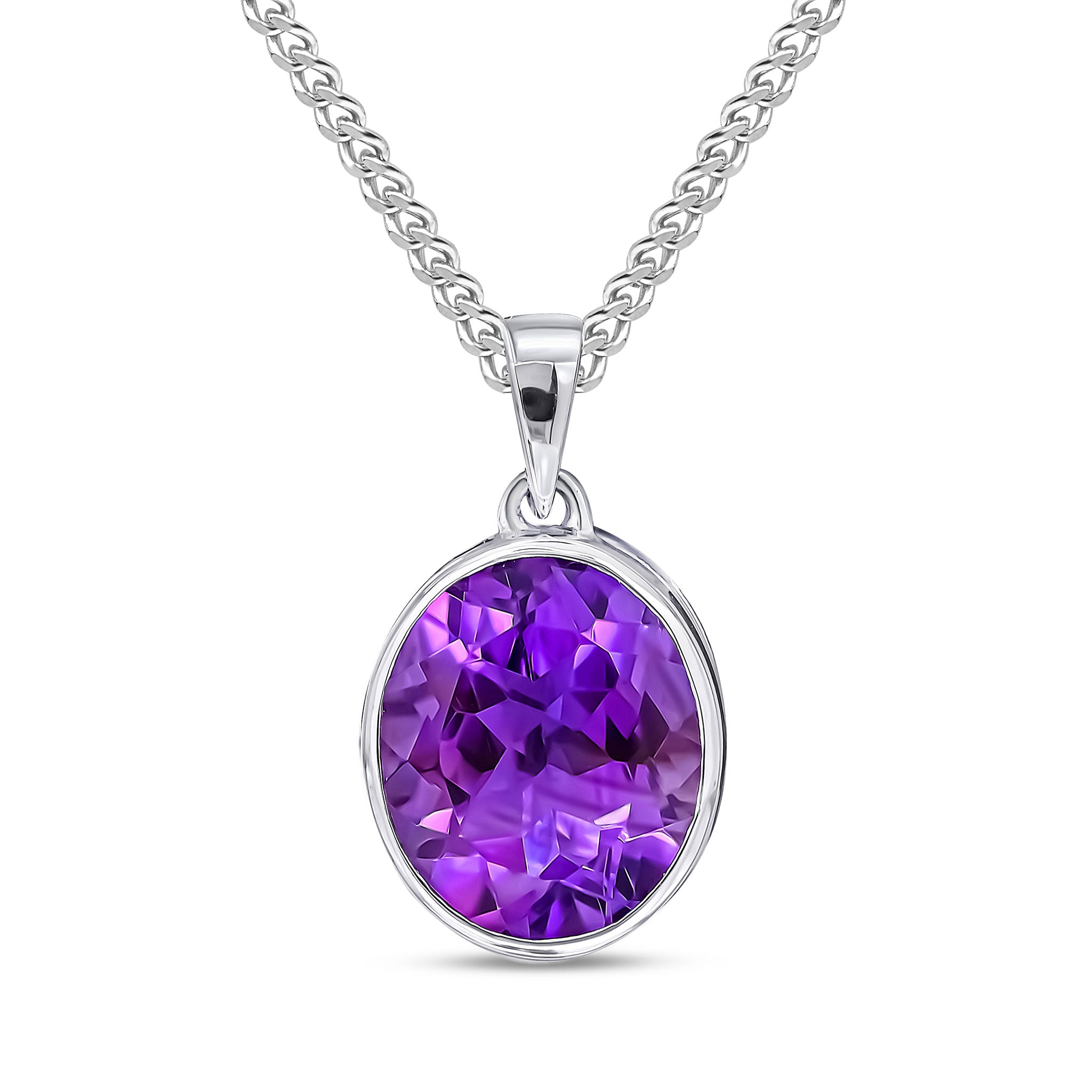 9ct White Gold 12x10 Oval Amethyst Rubover Pendant
