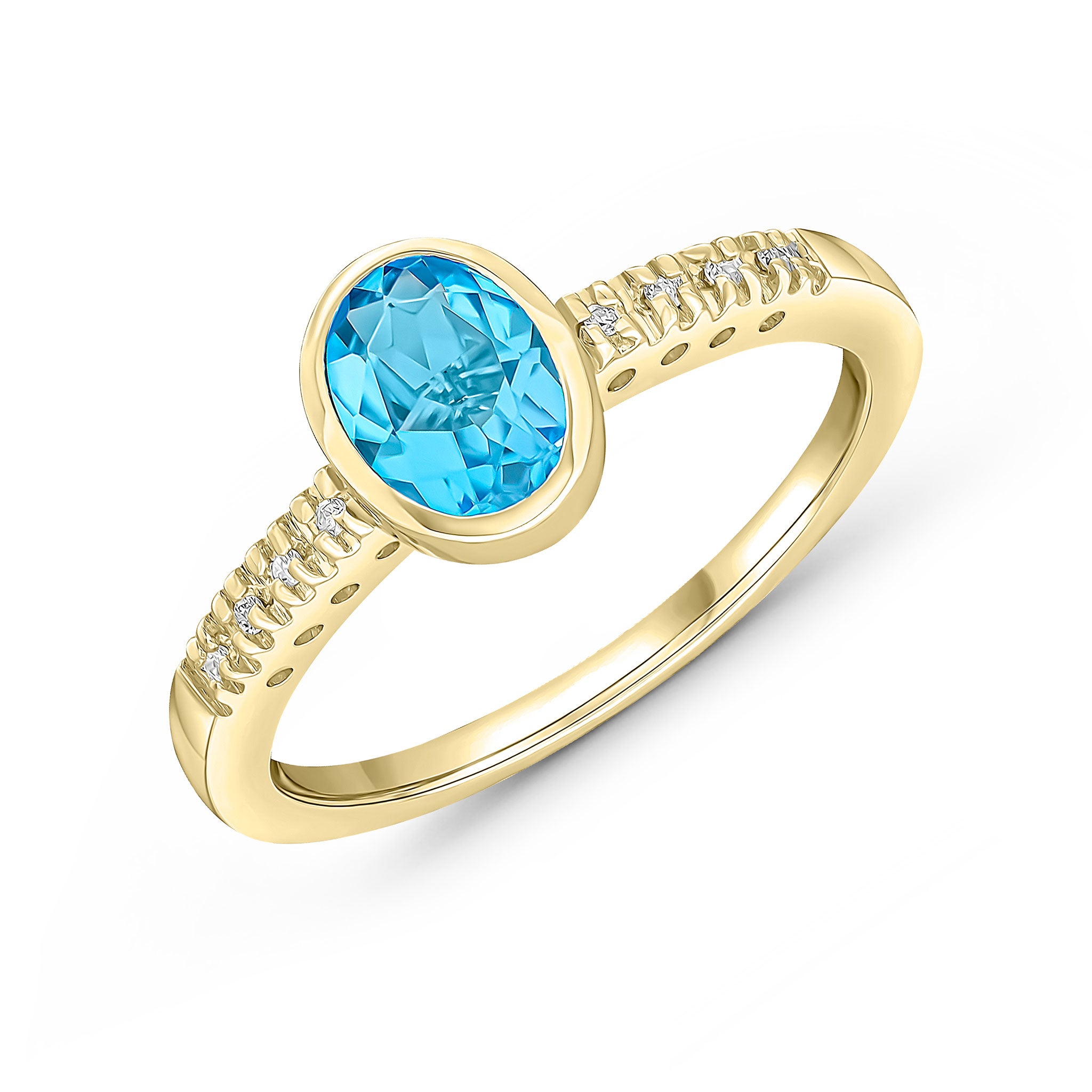 9ct Yellow Gold Rubover 7x5 Oval Swiss Blue Topaz Single Stone Ring with Claw Set Diamond Shoulders Rhodium to Diamonds