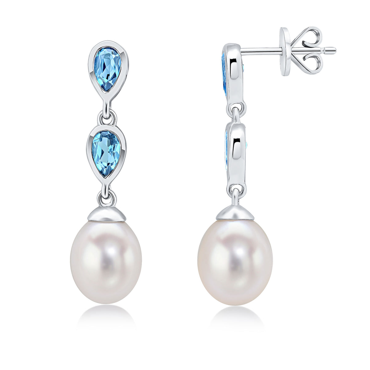 9ct White Gold Pearl & Double Pear Shape Swiss Blue Topaz Drop Earrings