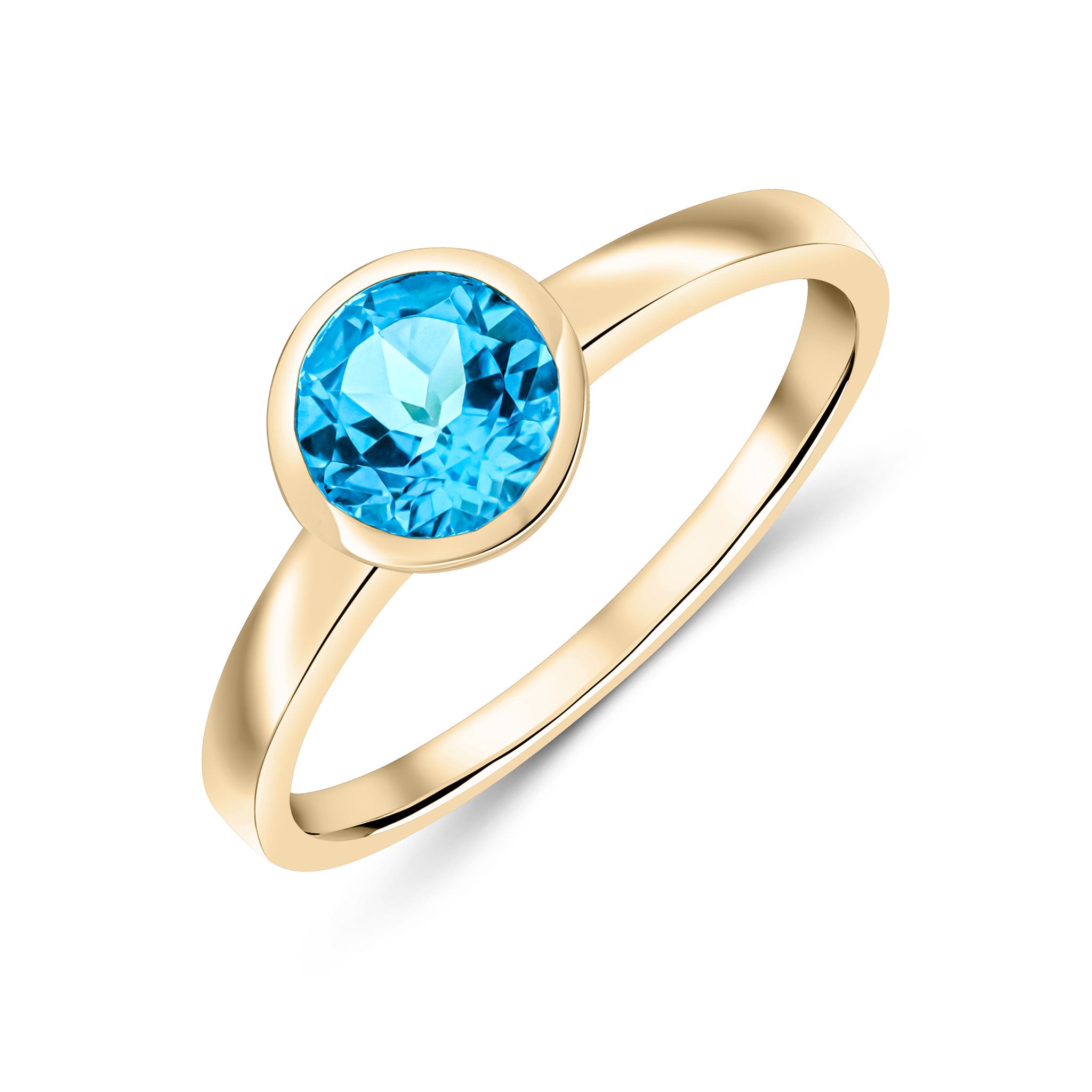 9ct Yellow Gold 6mm Round Swiss Blue Topaz Rubover Single Stone Ring