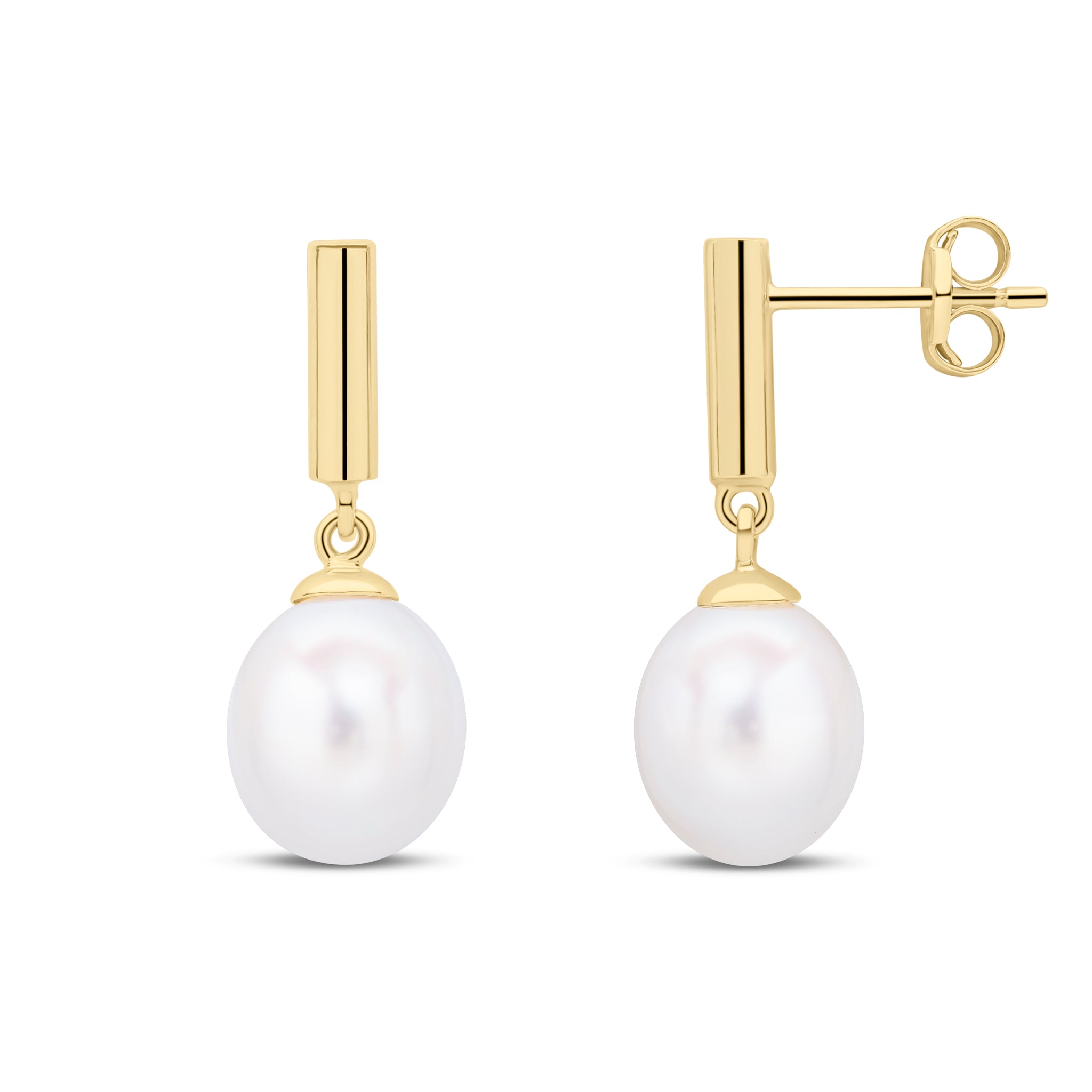 9ct Yellow Gold Cylinder Bar Top with Cfw Pearl Drop Earrings