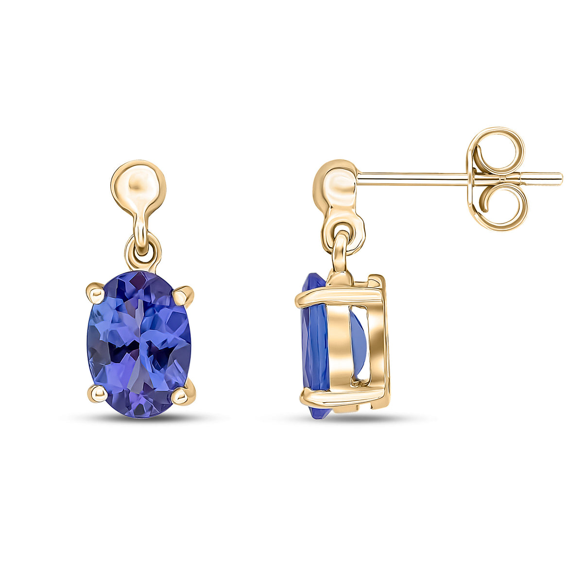 9ct Yellow Gold 7x5 Oval Tanzanite Claw Set Drop Earrings with Bead Top