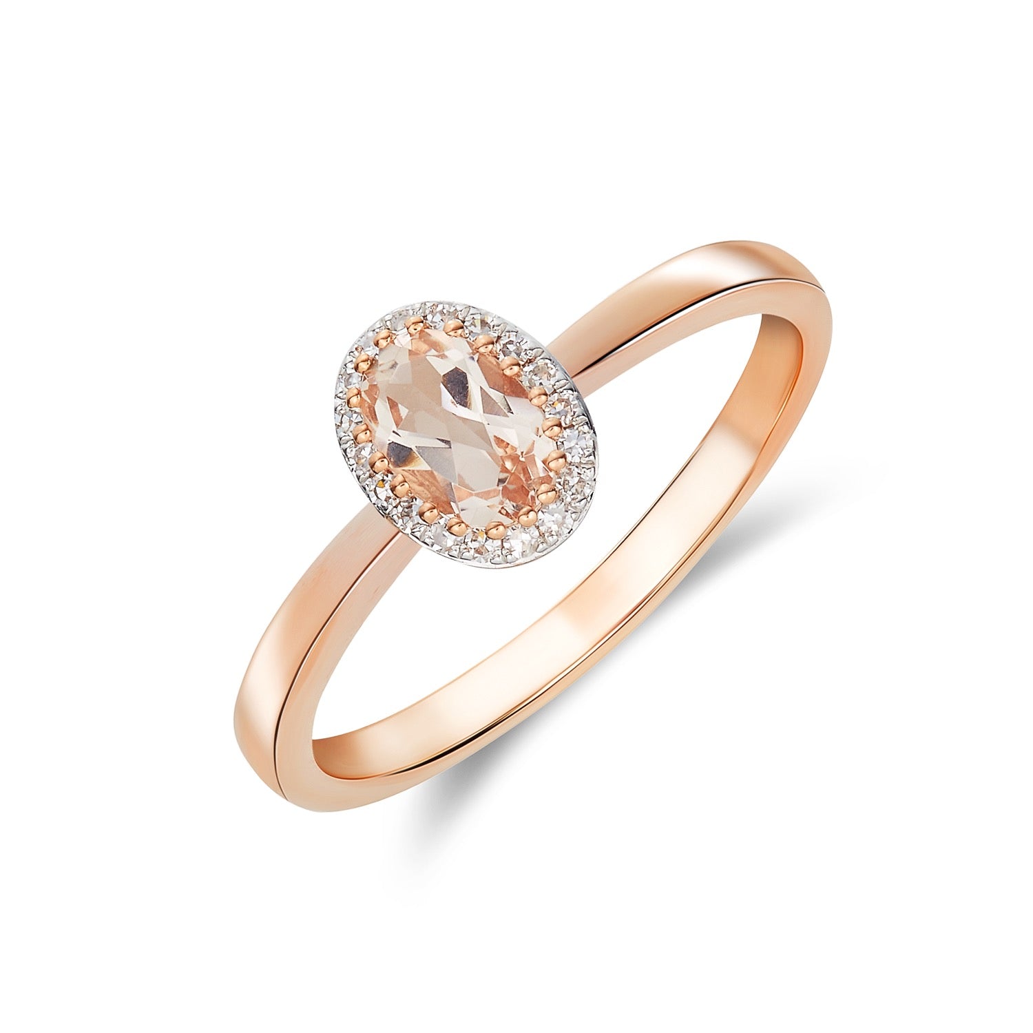9ct Rose Gold 6x4 Oval Morganite and Round Diamond Claw Cluster Ring Rhodium to Diamonds