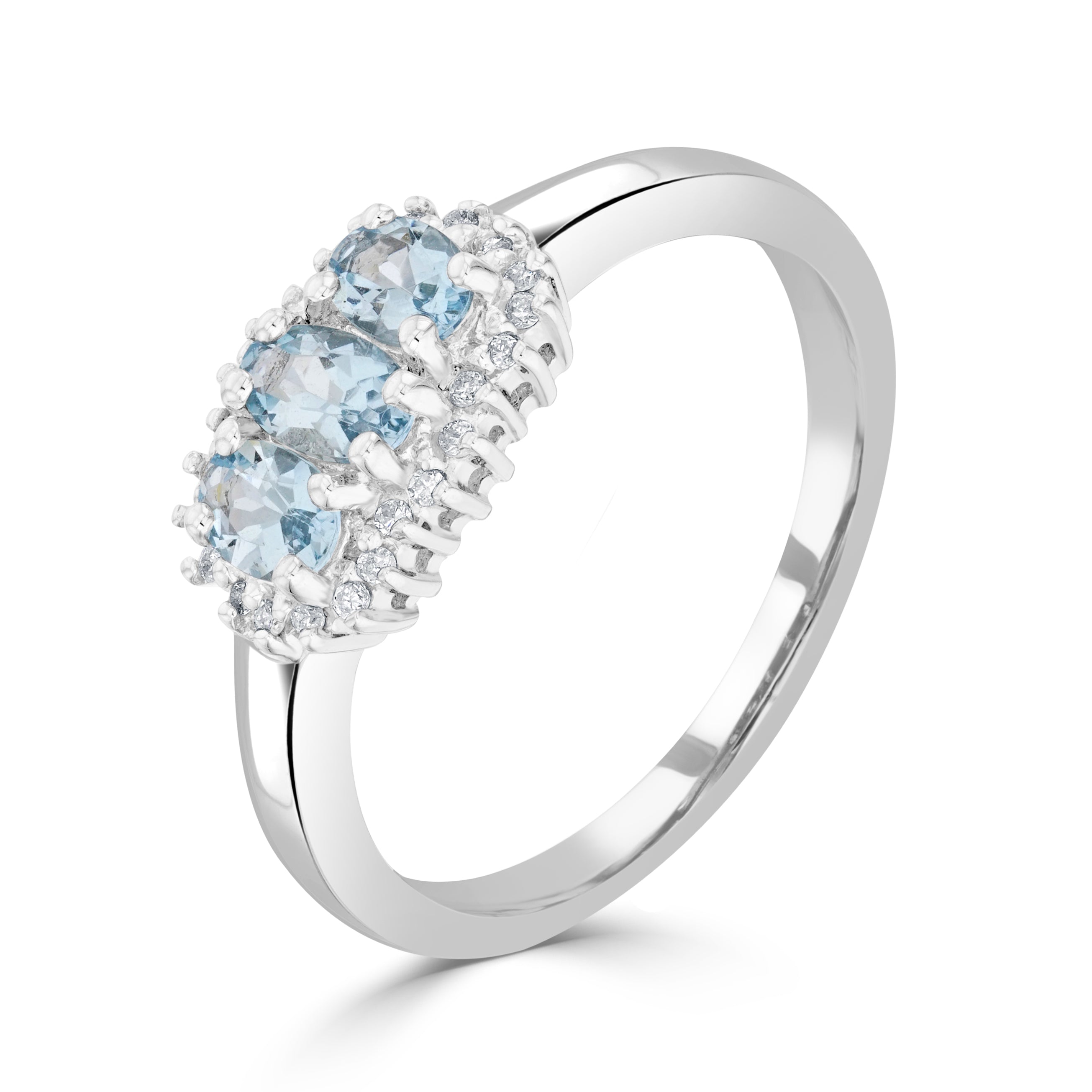 9ct White Gold Oval Aquamarine & Diamond Triple Cluster Ring