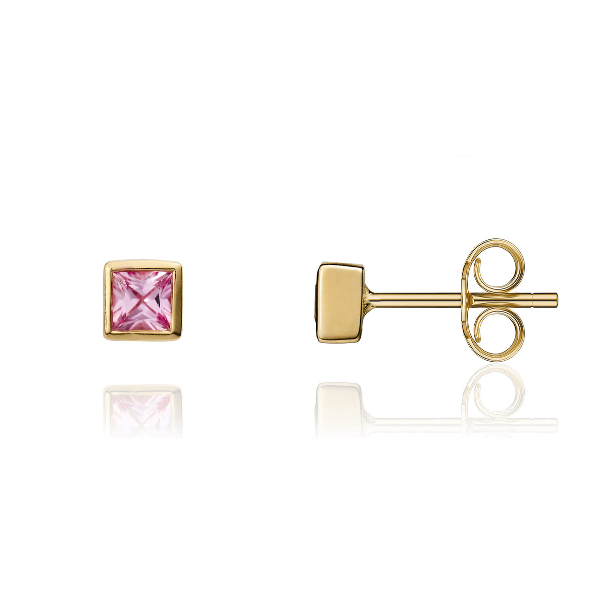 9ct Yellow Gold 3mm Square Pink Sapphire Rubover Stud Earrings