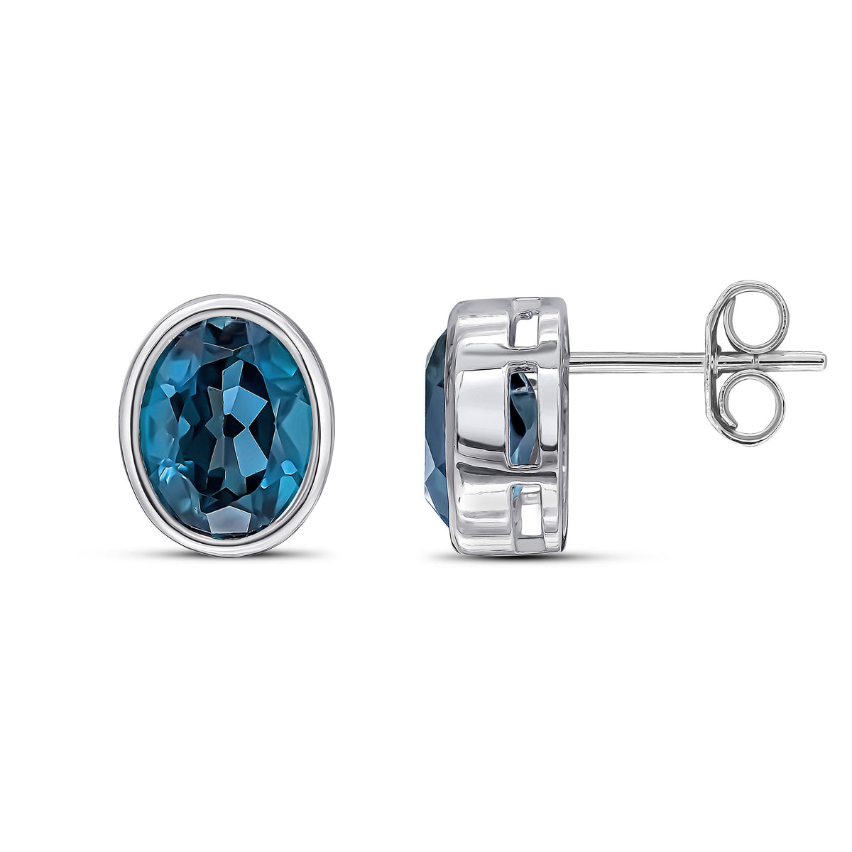 9ct White Gold 9x7 Oval London Blue Topaz Rubover Earrings