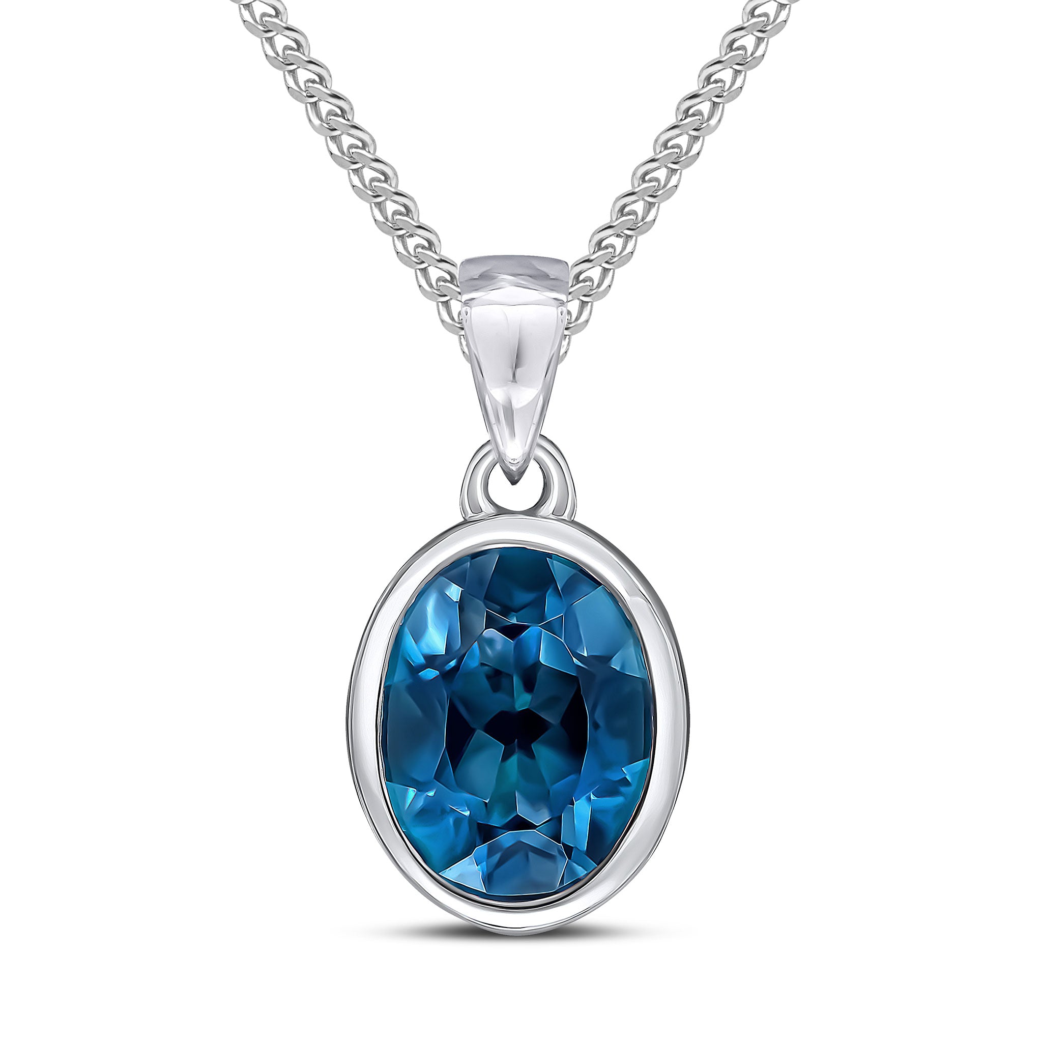 9ct White Gold 9x7mm Oval London Swiss Blue Single Stone Rubover Pendant with Plain Loop