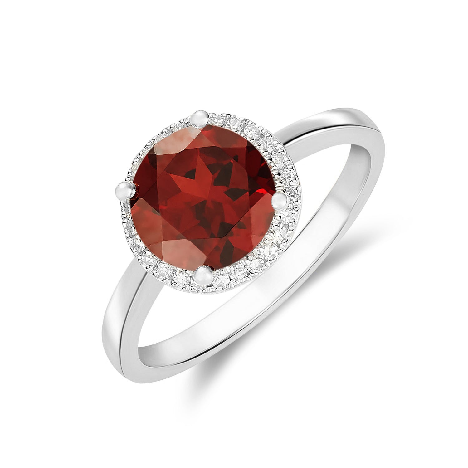 9ct White Gold 8mm Round Garnet and Diamond Claw Cluster Ring