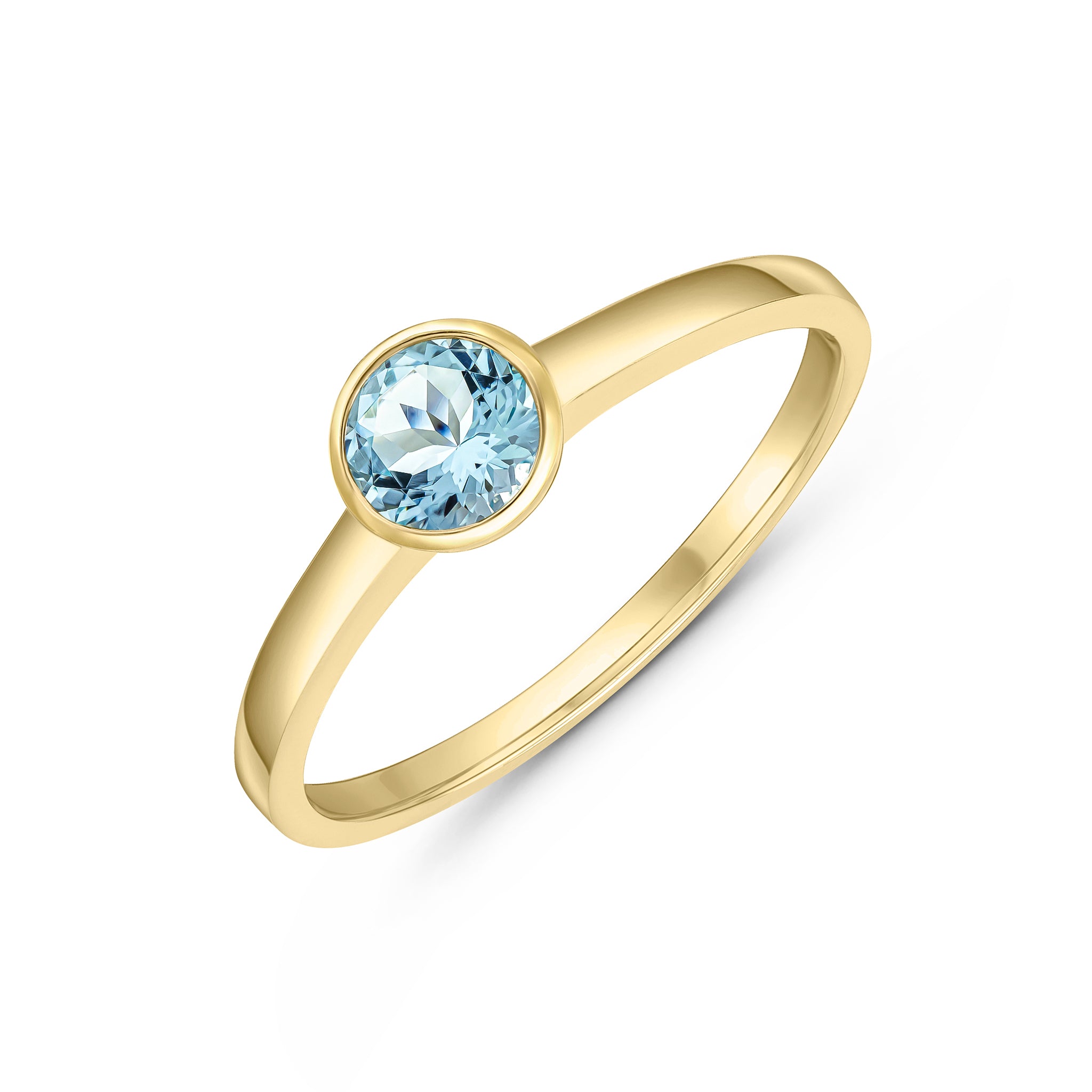 9ct Yellow Gold 5mm Round Aquamarine Rubover Single Stone Ring
